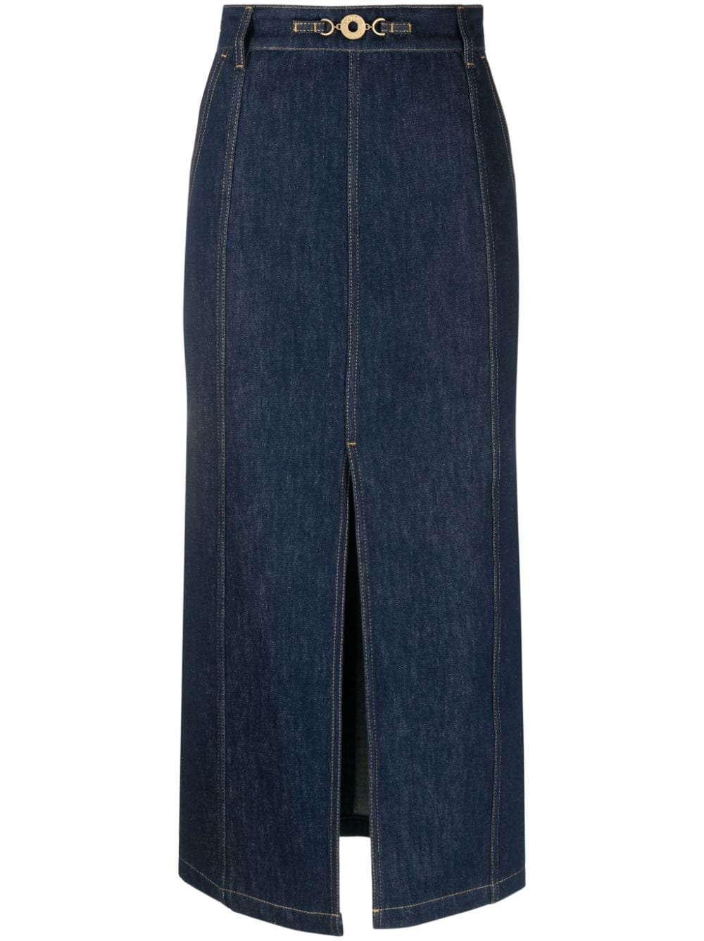 PATOU High-Waisted Denim Skirt with Gold-Tone Engraved Medallion
