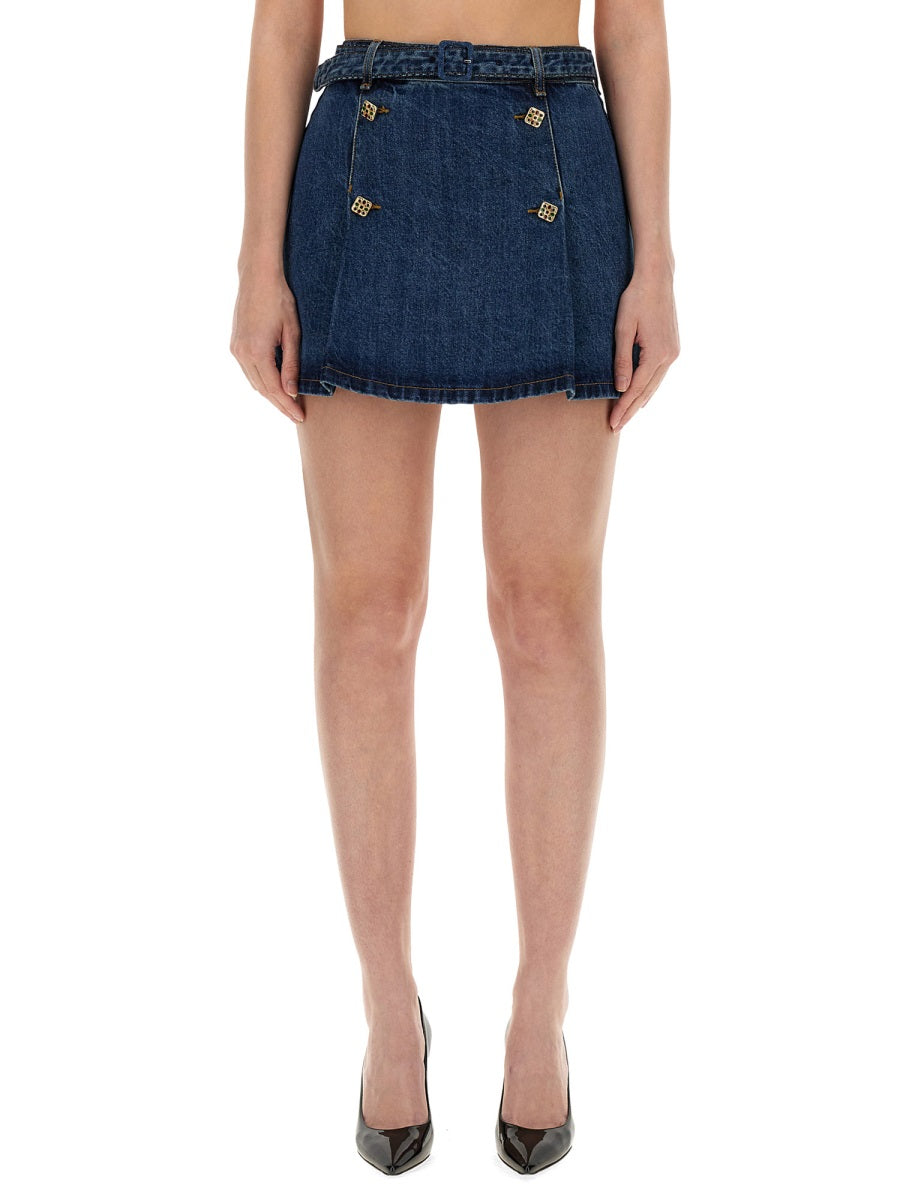 SELF-PORTRAIT Cotton Denim Mini Skirt - Size 8