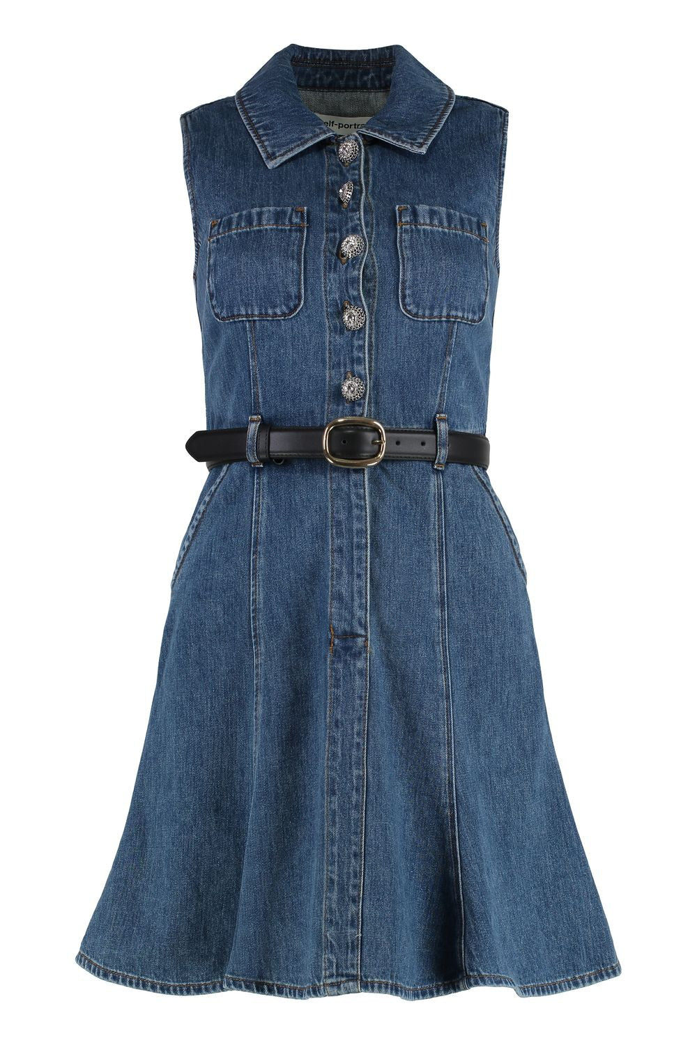 SELF-PORTRAIT Stylish Denim Dress with Decorative Buttons and Belt