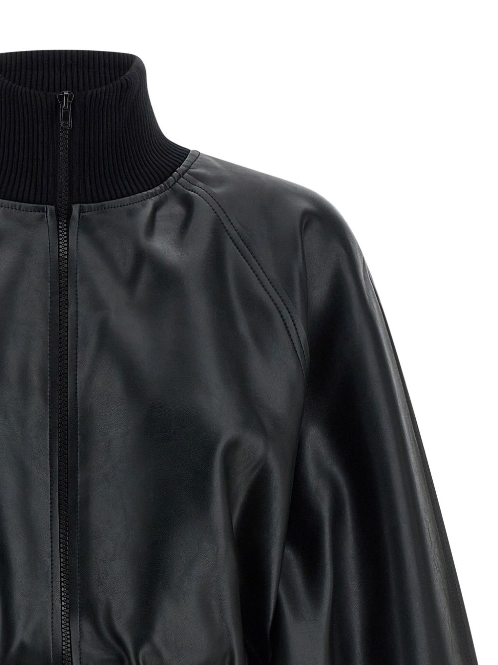 NORMA KAMALI Ribbed-Knit High Neck Leather-Effect Jacket