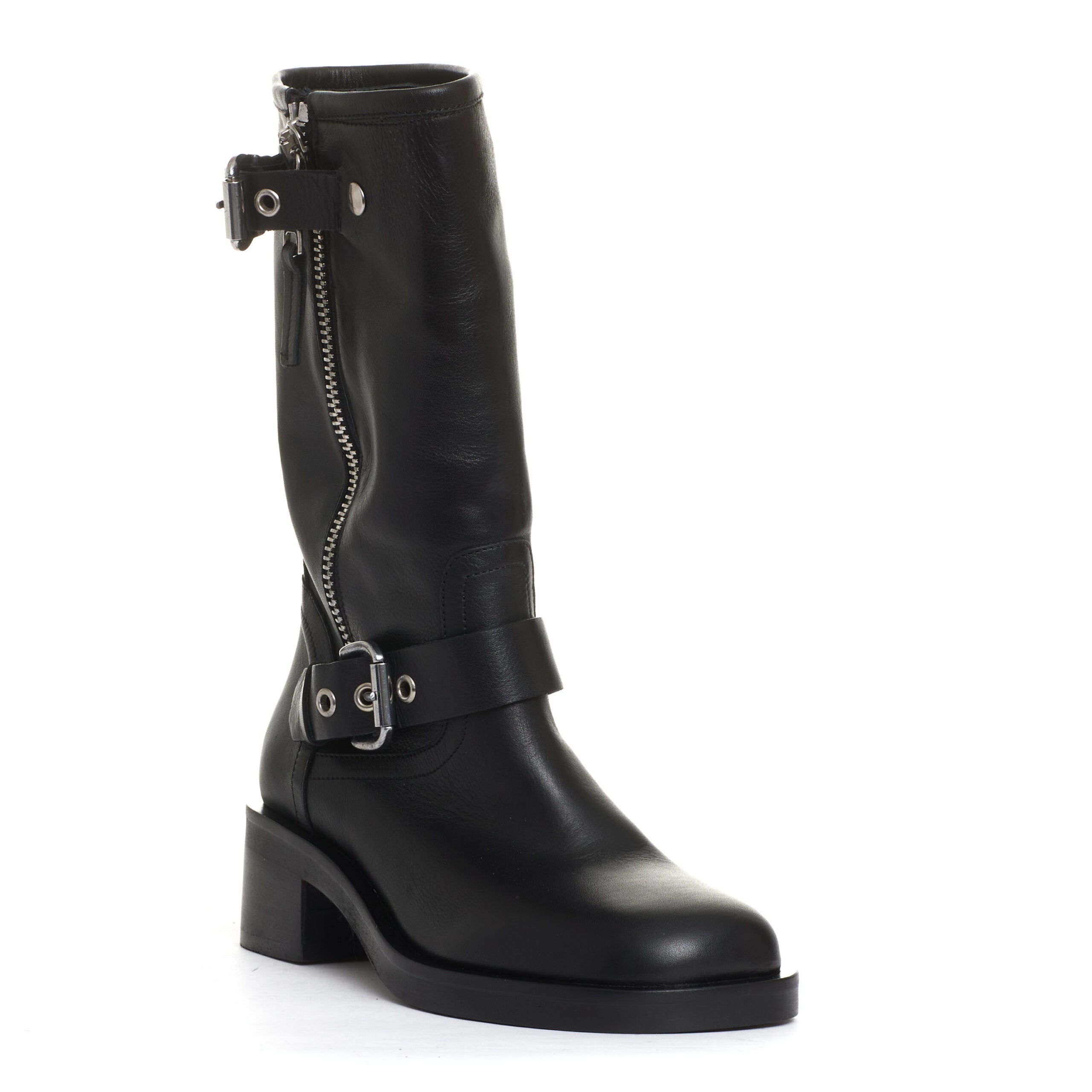 STRATEGIA Biker Square Toe Ankle Boots with Elegant Buckles and 50 mm Heel