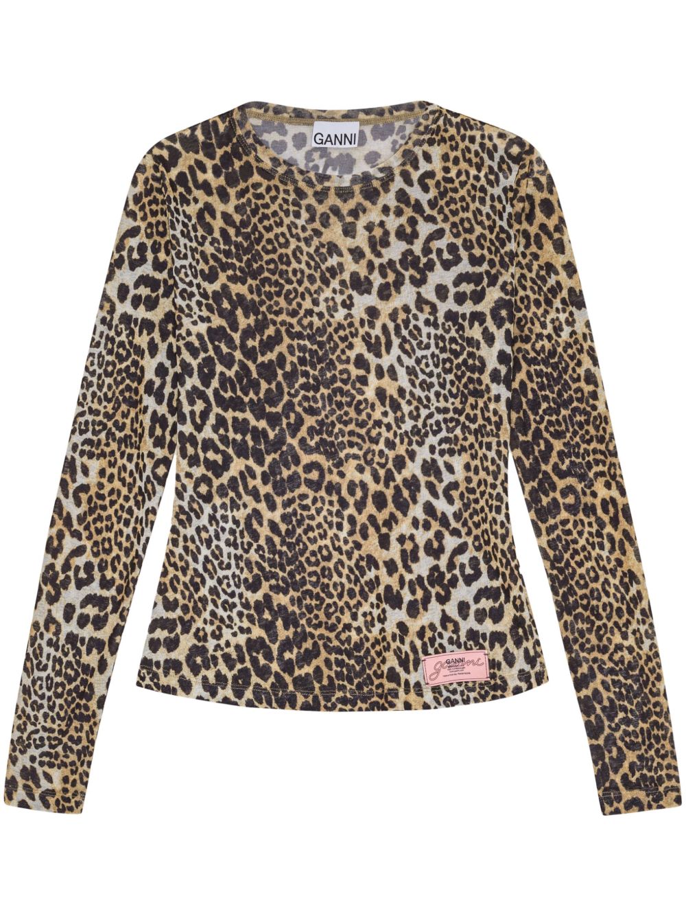 GANNI Leopard Print Crew Neck Long Sleeve T-Shirt