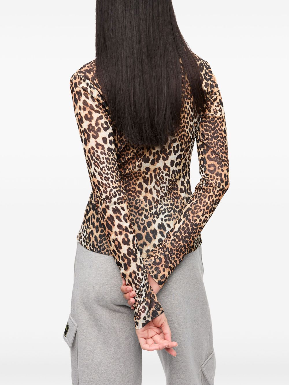 GANNI Leopard Print Crew Neck Long Sleeve T-Shirt