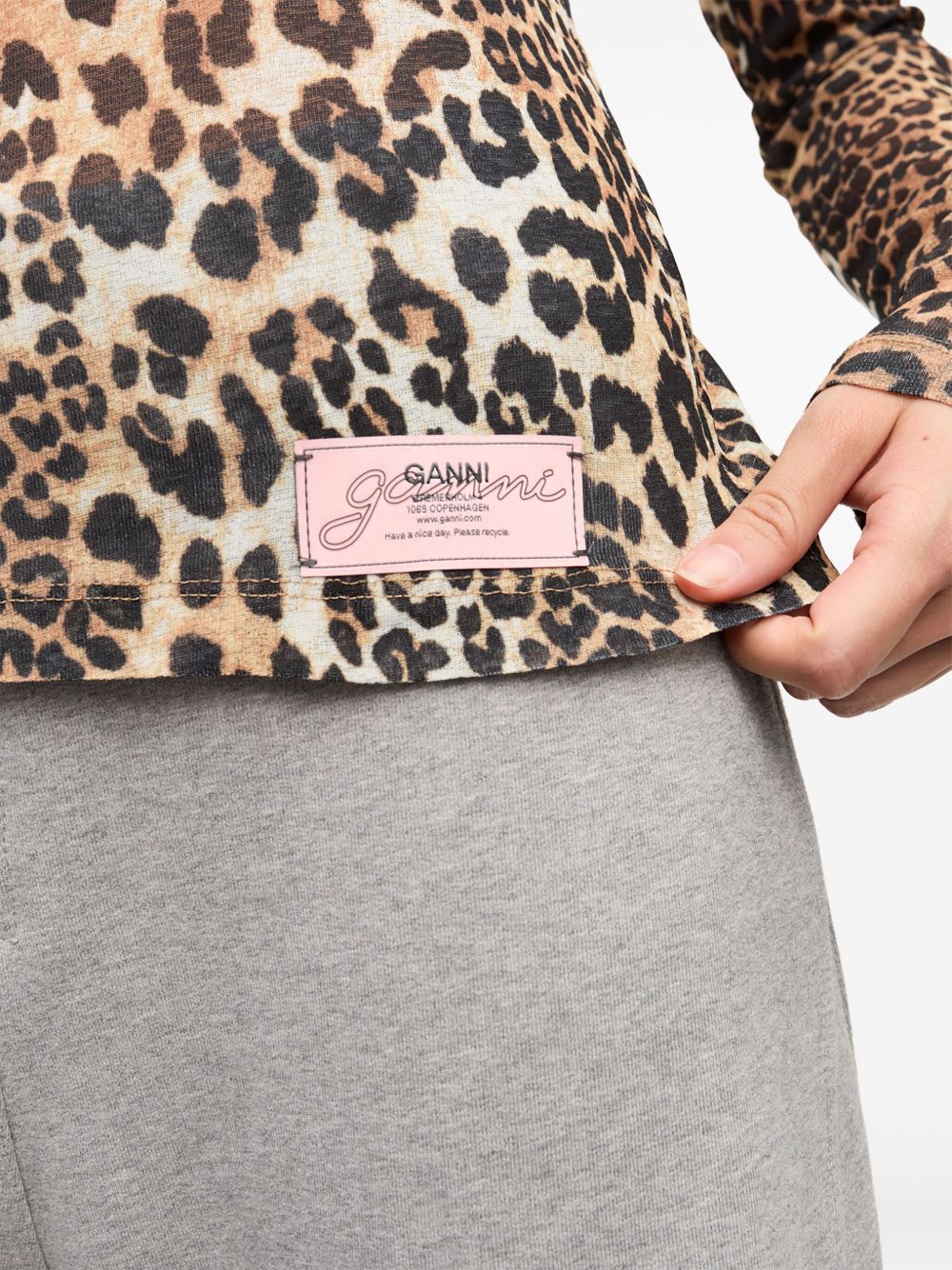 GANNI Leopard Print Crew Neck Long Sleeve T-Shirt