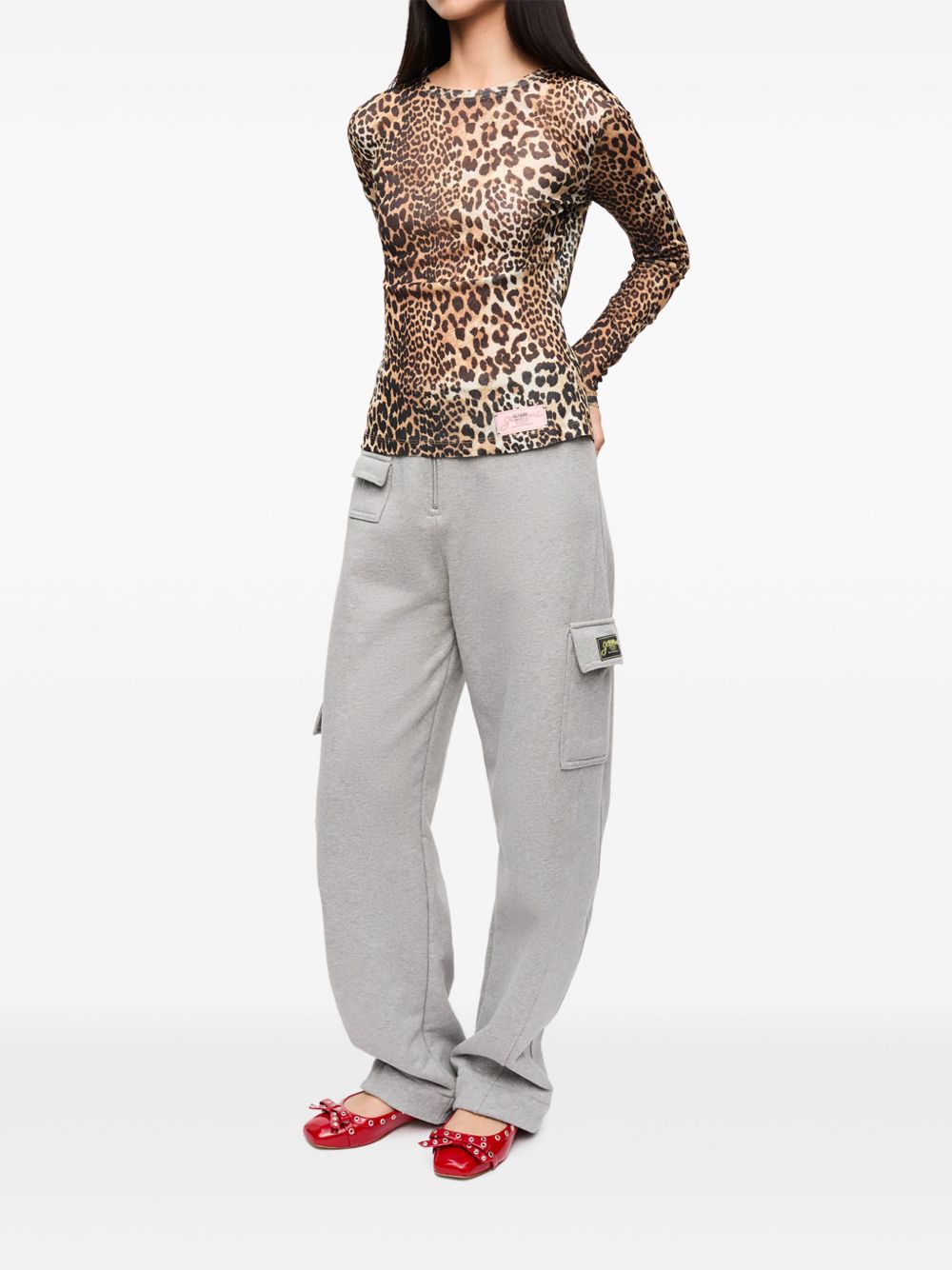 GANNI Leopard Print Crew Neck Long Sleeve T-Shirt