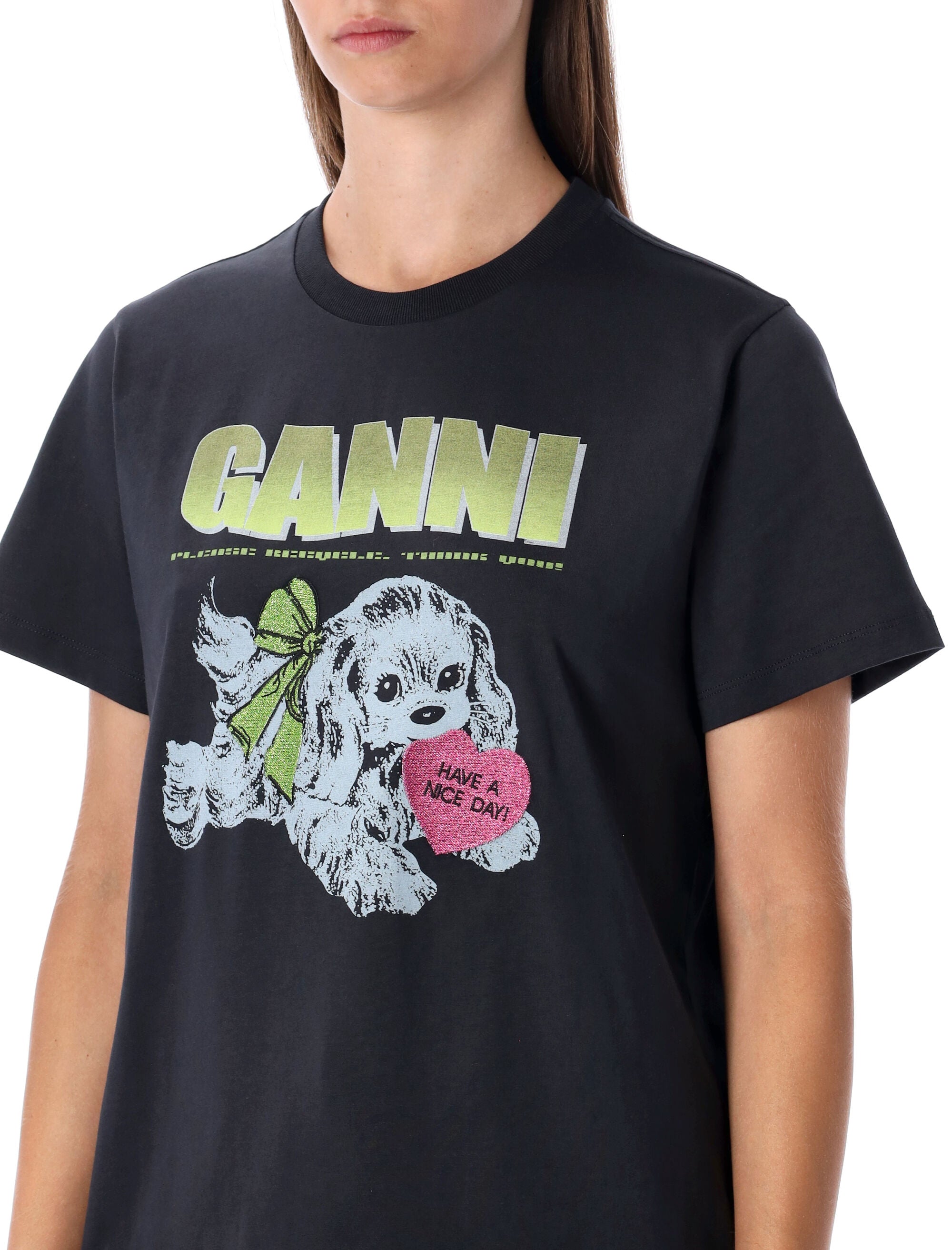 GANNI Playful Puppy Print Organic Cotton T-Shirt - Women's Relaxed Fit