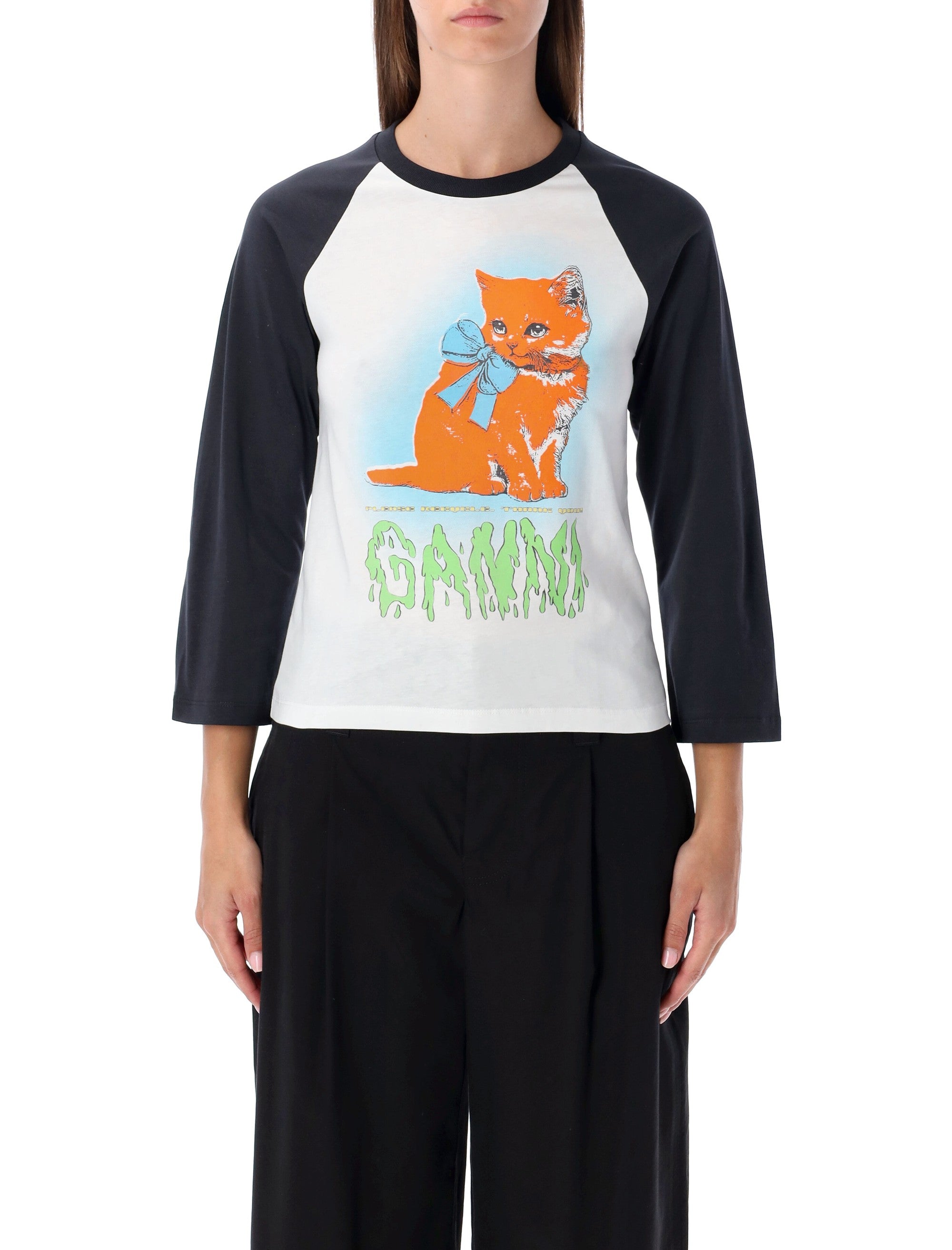 GANNI Mini Cropped Kitty 3/4 Sleeve T-Shirt
