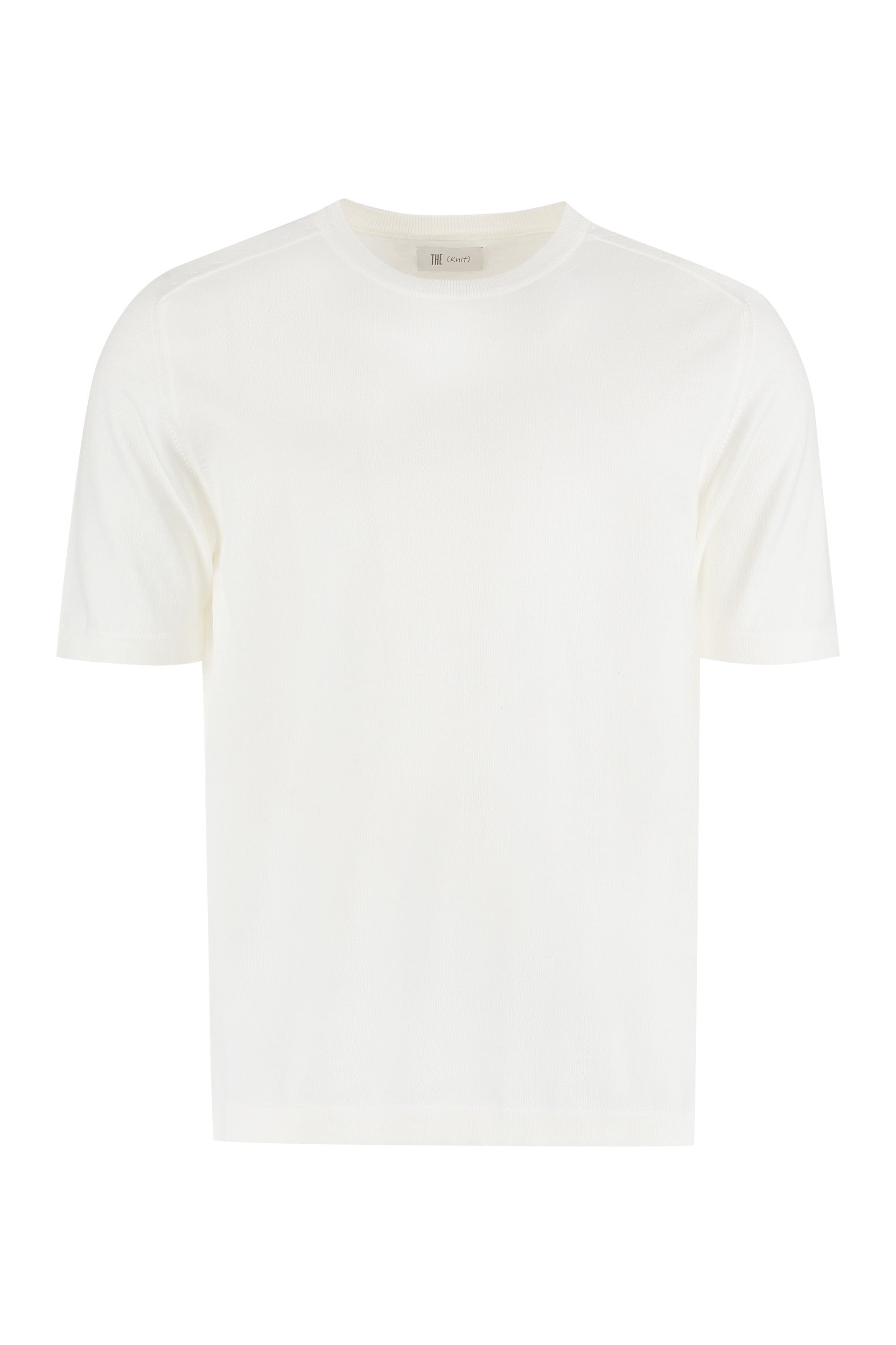 THE (ALPHABET) Cotton Short Sleeve Sweater with Side Slits