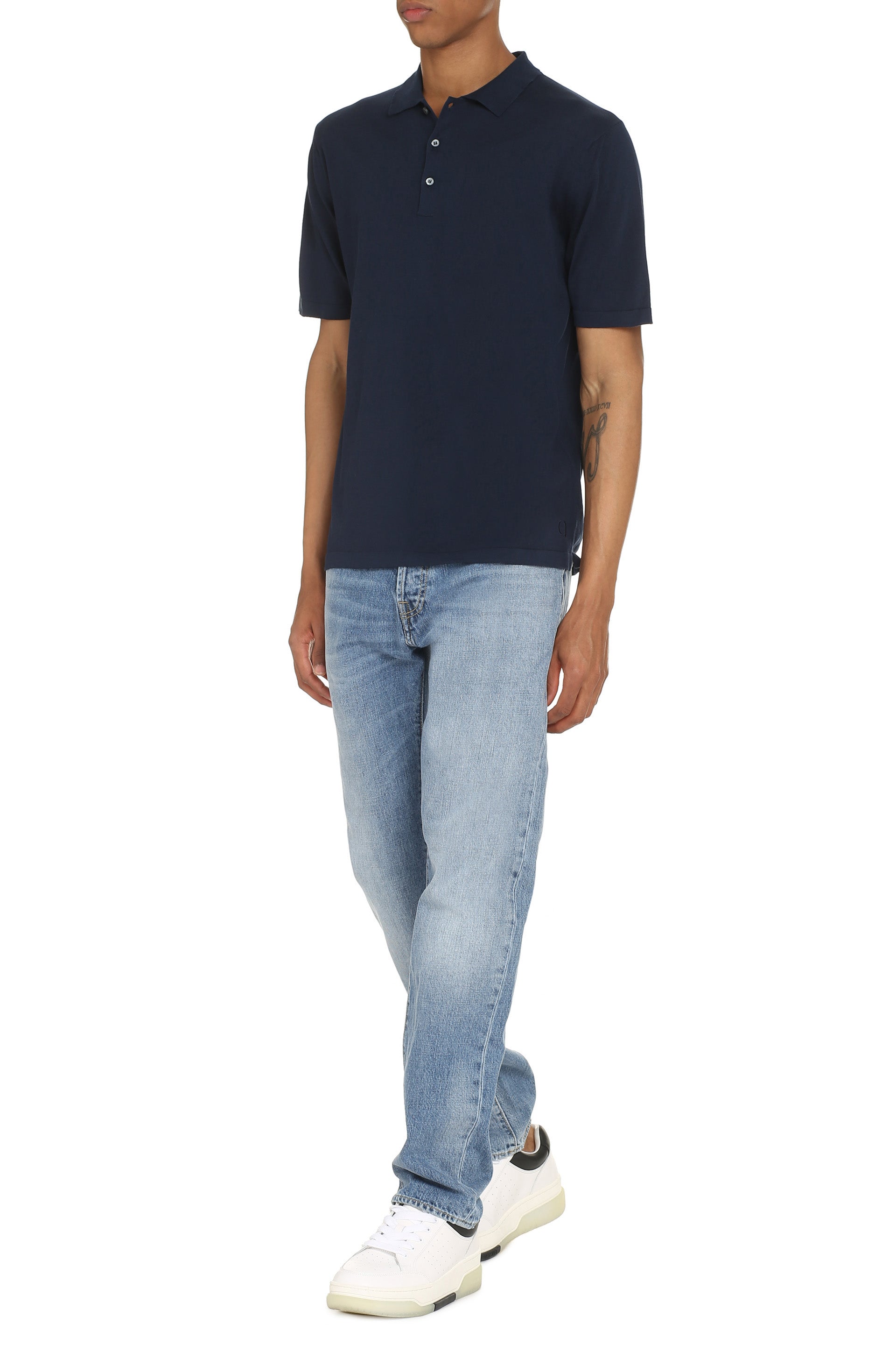 THE (ALPHABET) Classic Cotton Knit Polo Shirt with Side Slits