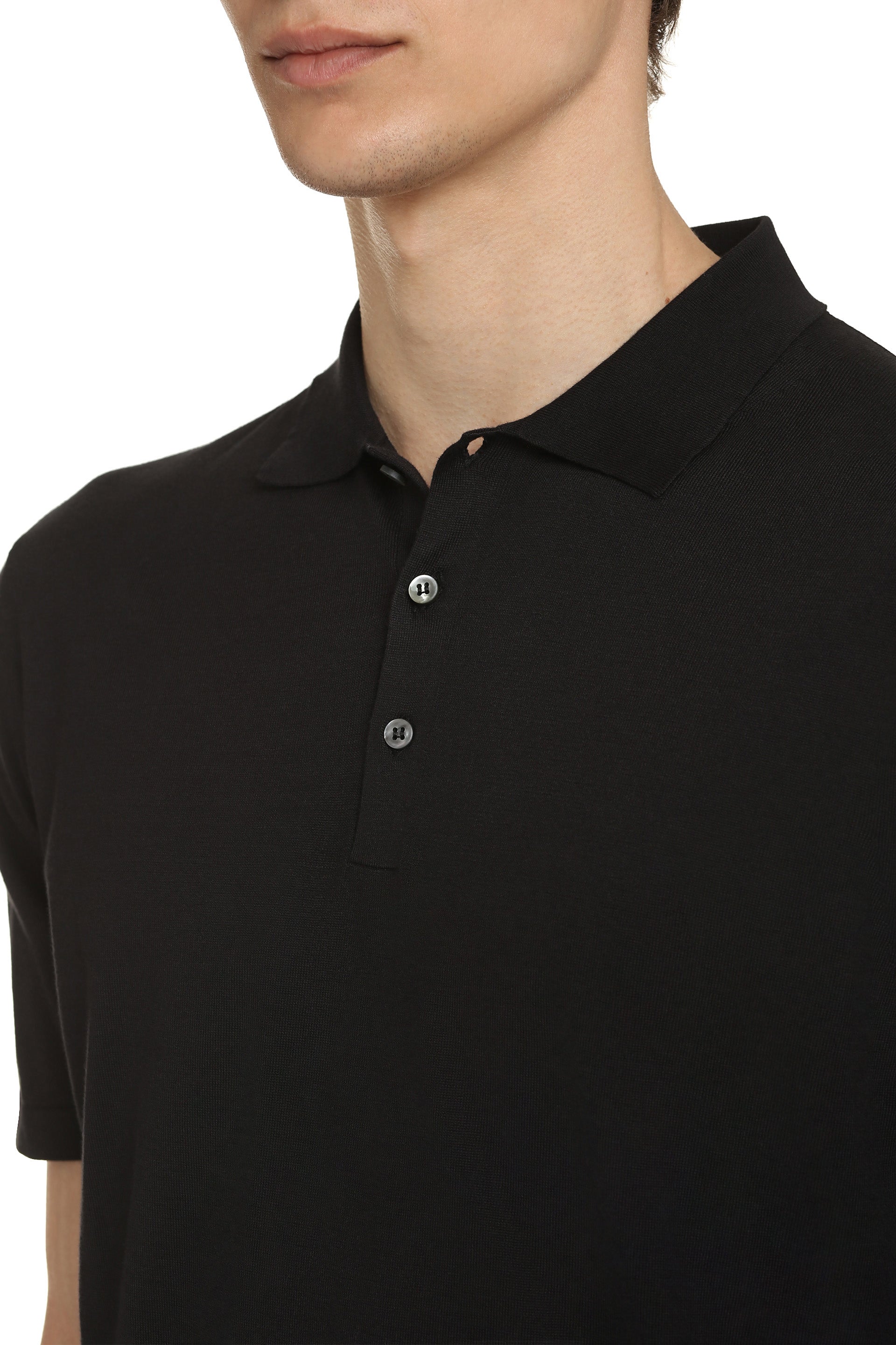 THE (ALPHABET) Classic Cotton Knit Polo Shirt with Side Slits