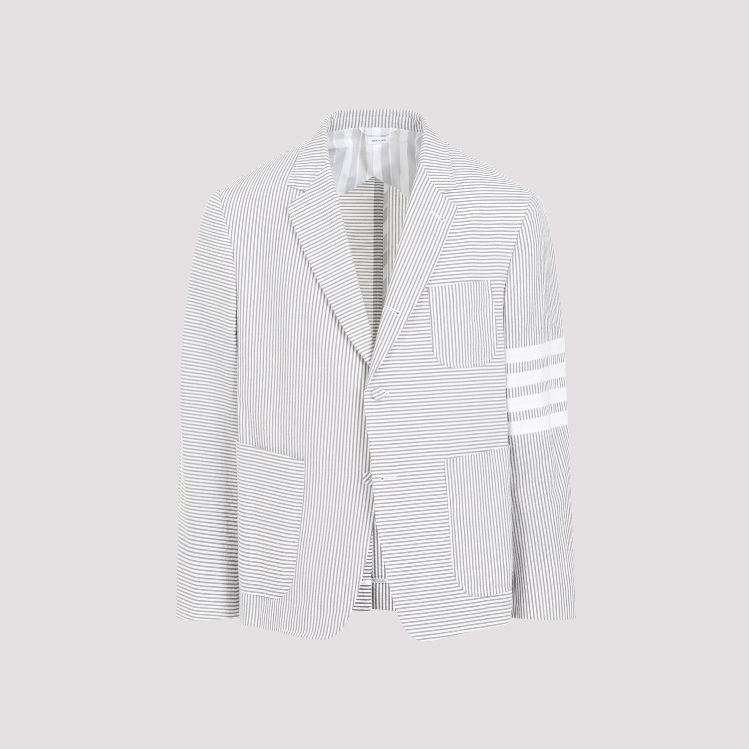 THOM BROWNE Medium Grey Cotton Jacket with Iconic Stripes