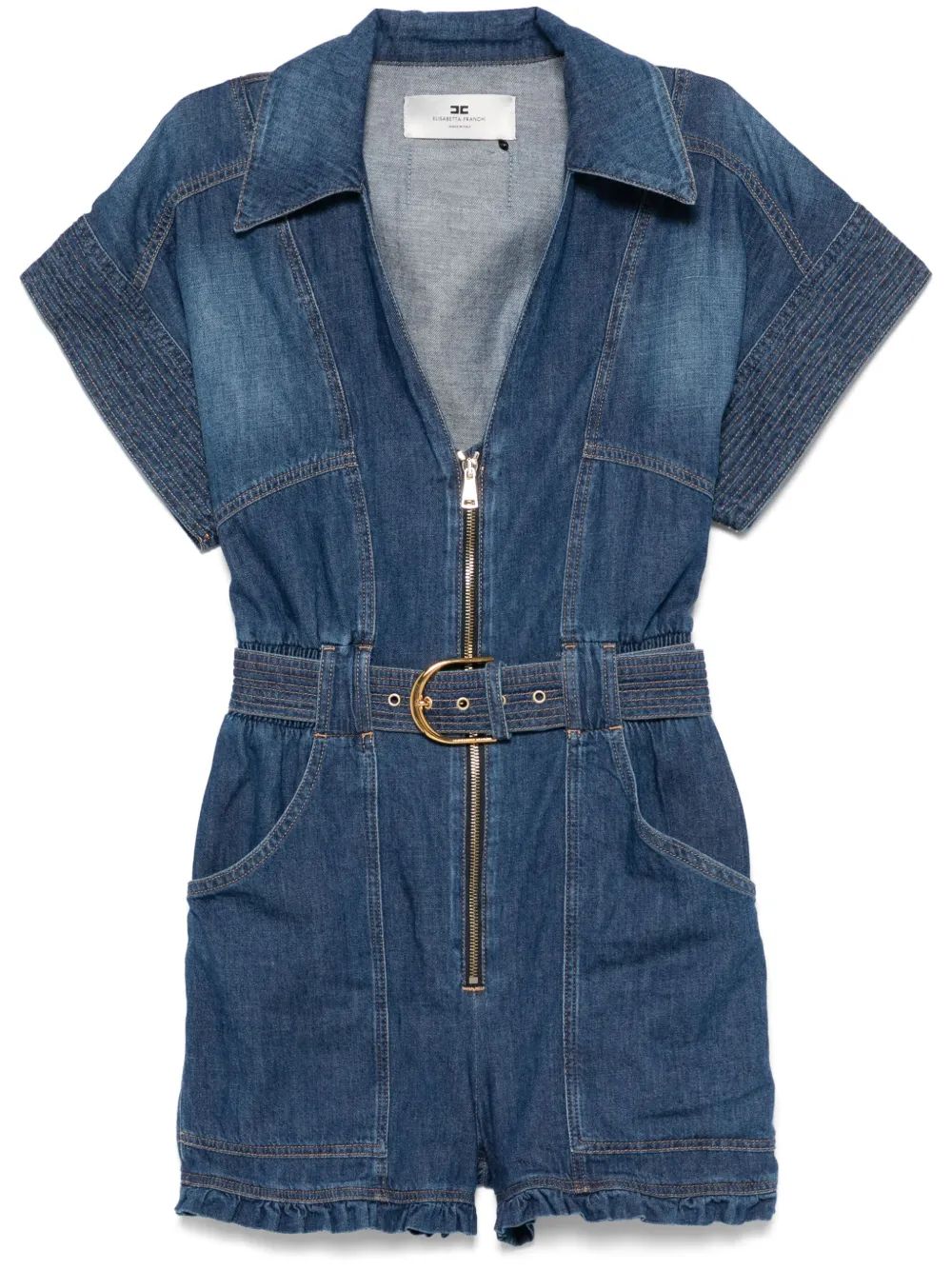 ELISABETTA FRANCHI Mini Denim Short Jumpsuit with Belt Detail