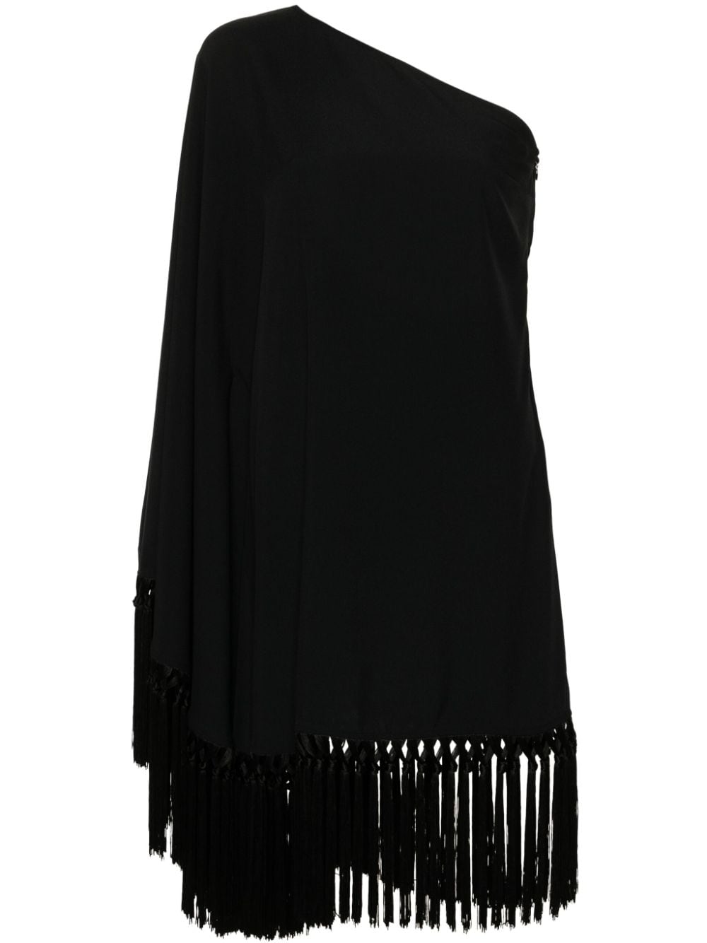 TALLER MARMO Asymmetrical Fringed Mini Dress with Cape-Style Sleeve