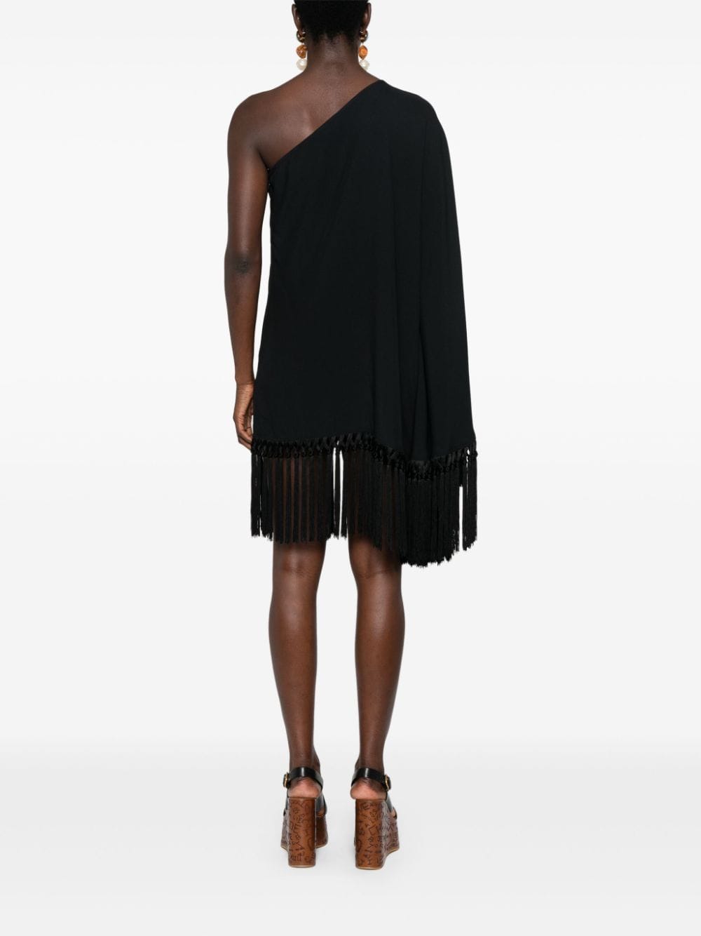 TALLER MARMO Asymmetrical Fringed Mini Dress with Cape-Style Sleeve