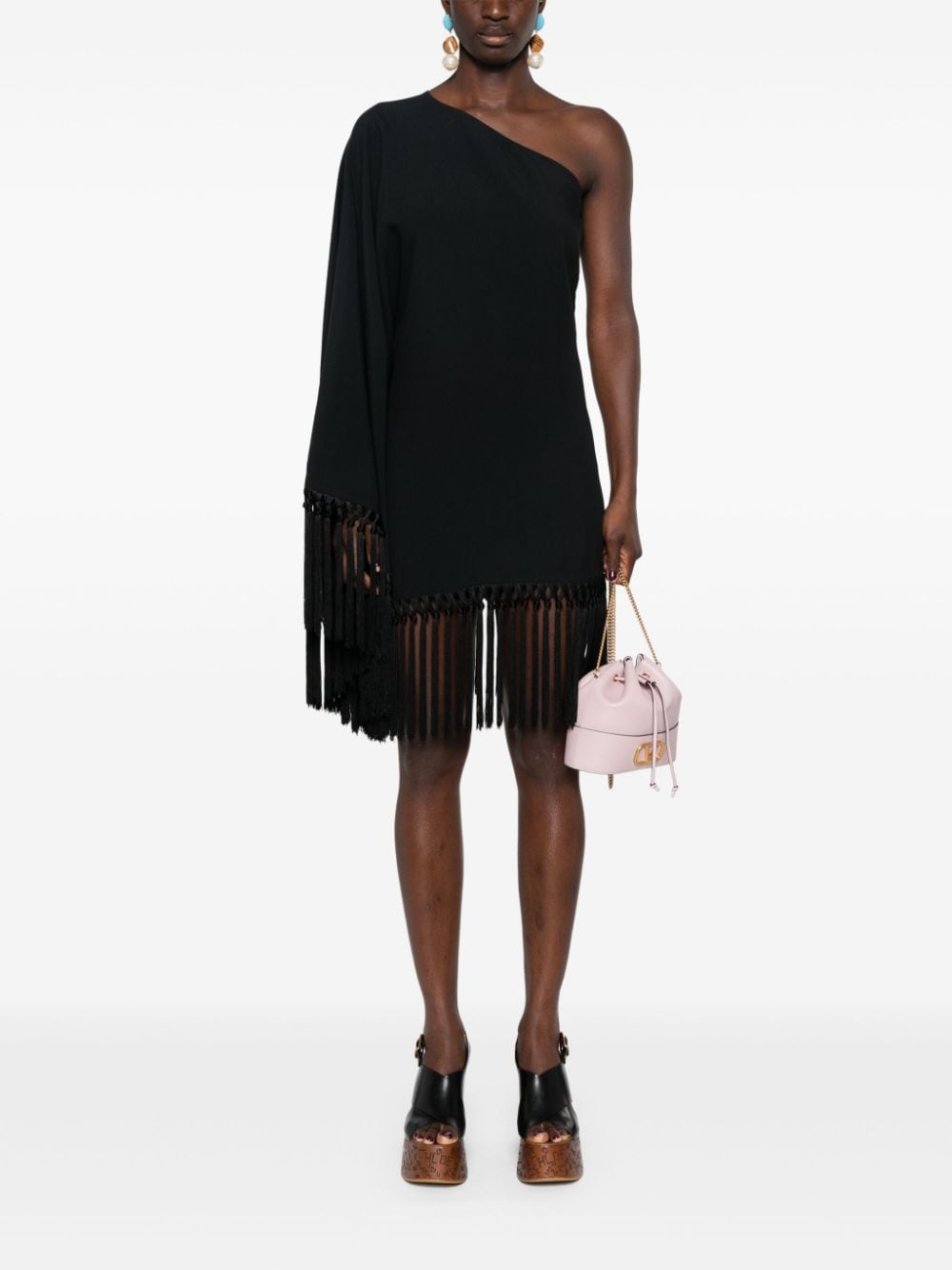 TALLER MARMO Asymmetrical Fringed Mini Dress with Cape-Style Sleeve