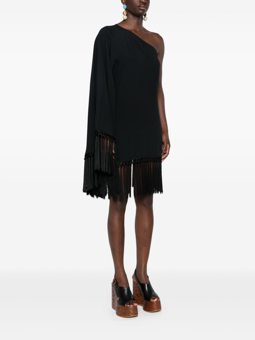 TALLER MARMO Asymmetrical Fringed Mini Dress with Cape-Style Sleeve