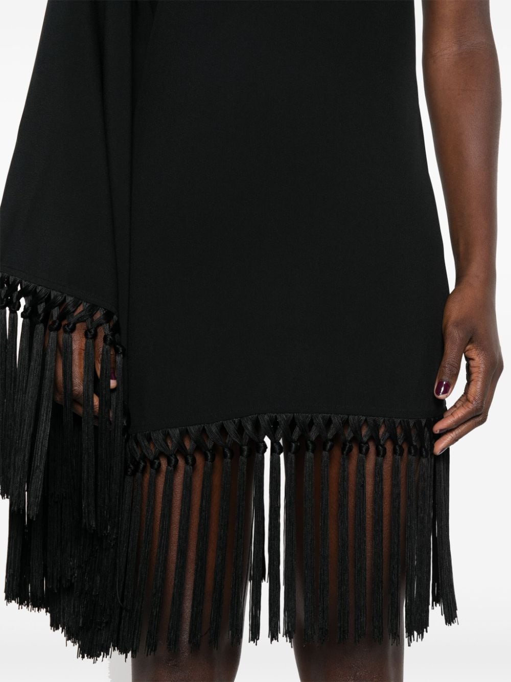 TALLER MARMO Asymmetrical Fringed Mini Dress with Cape-Style Sleeve