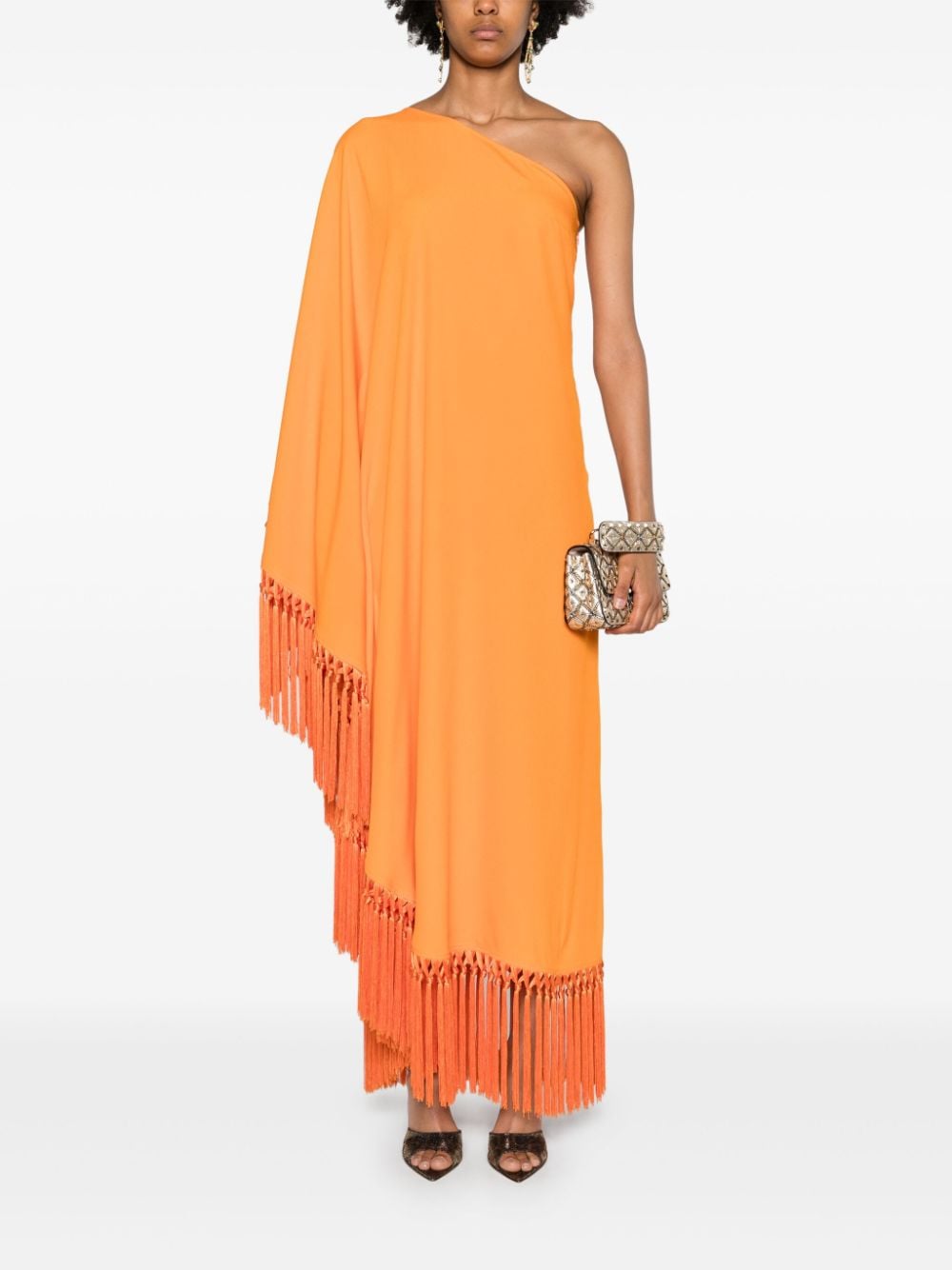 TALLER MARMO Fringed Long Dress with One Shoulder Design