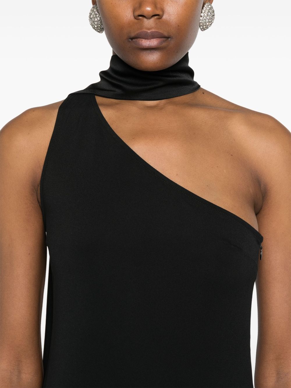 TALLER MARMO Asymmetric Neck Sleeveless Dress with Scarf and Fringe Detailing