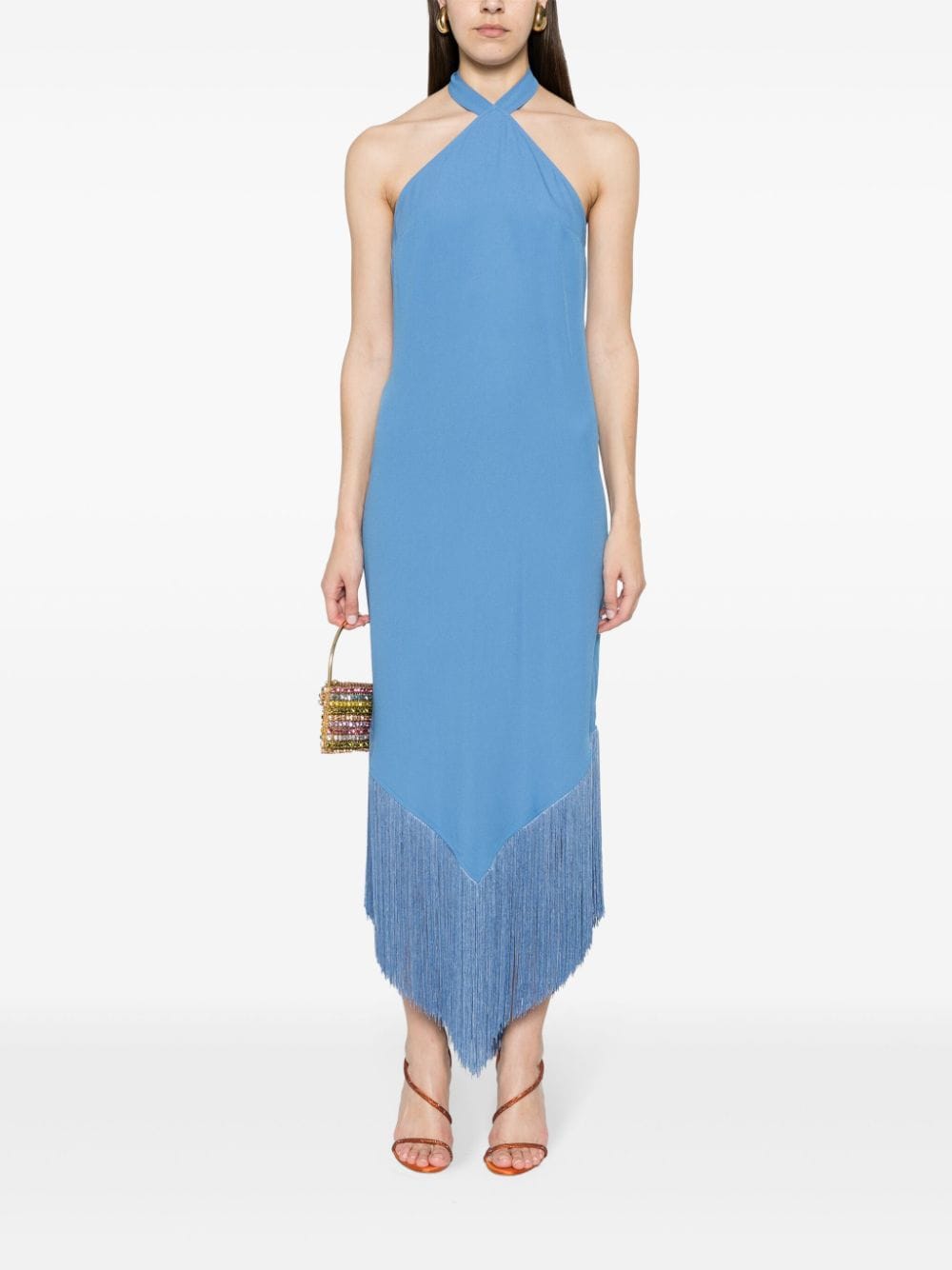 TALLER MARMO Fringed Mini Dress with Halterneck Tie