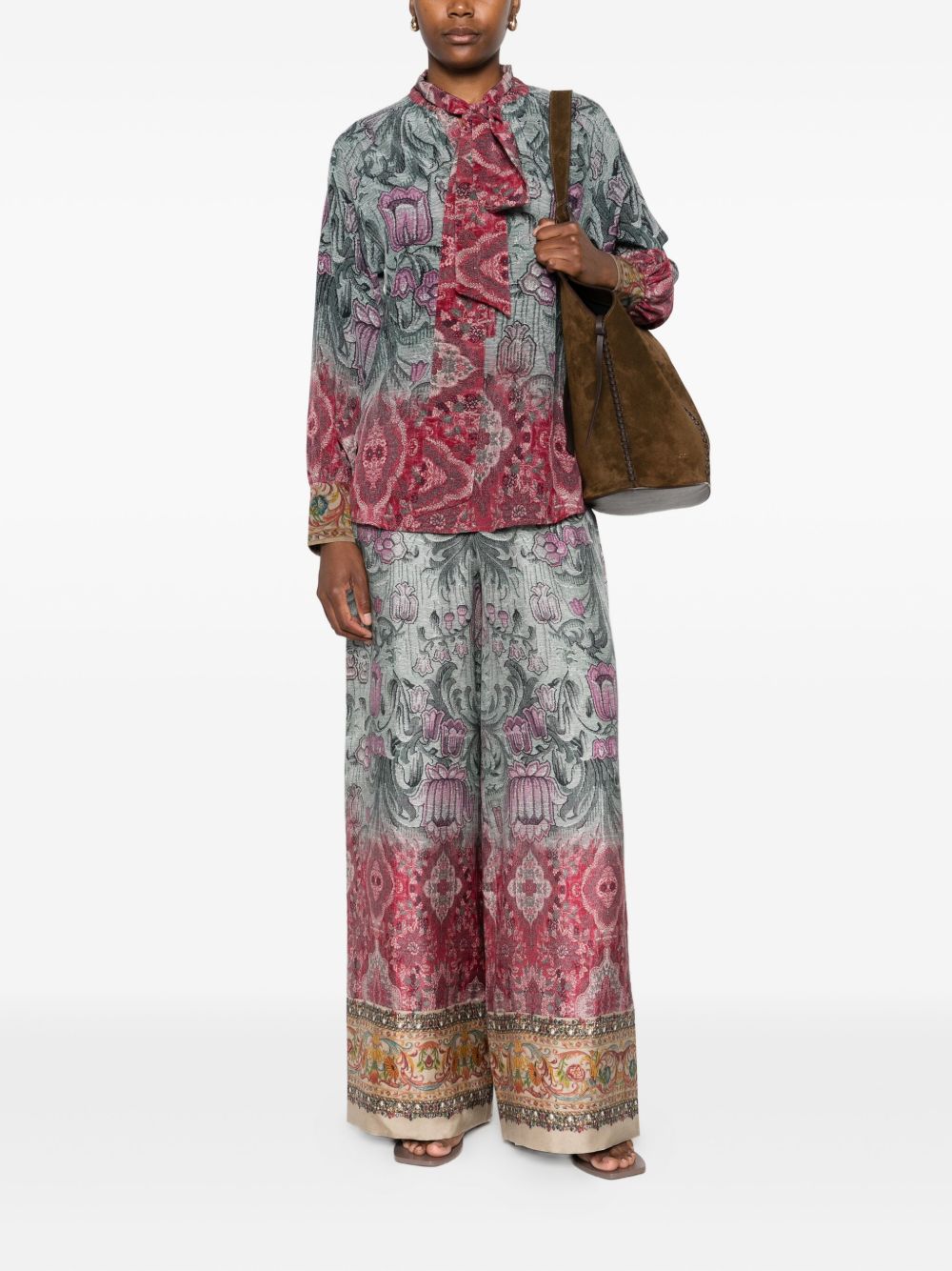 PIERRE LOUIS MASCIA Floral Printed Silk Shirt with Pussy Bow Collar