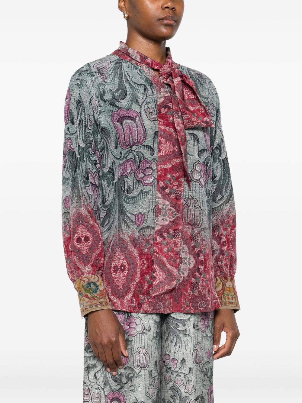 PIERRE LOUIS MASCIA Floral Printed Silk Shirt with Pussy Bow Collar