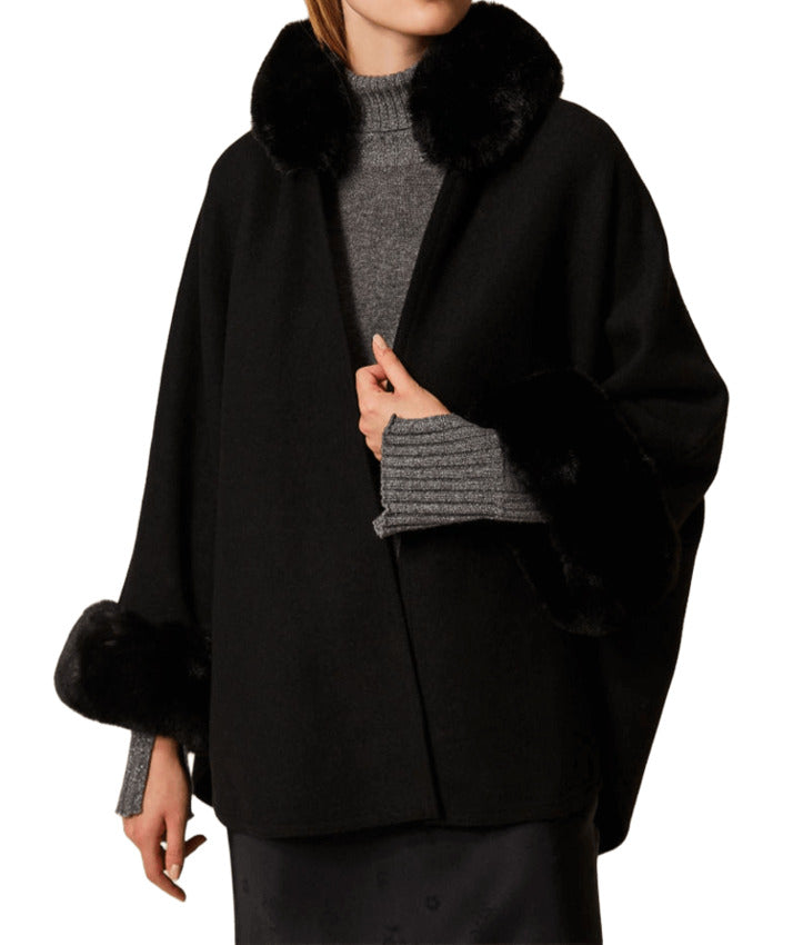TWIN SET Elegant Wide-Fit Poncho with Faux Fur Detail