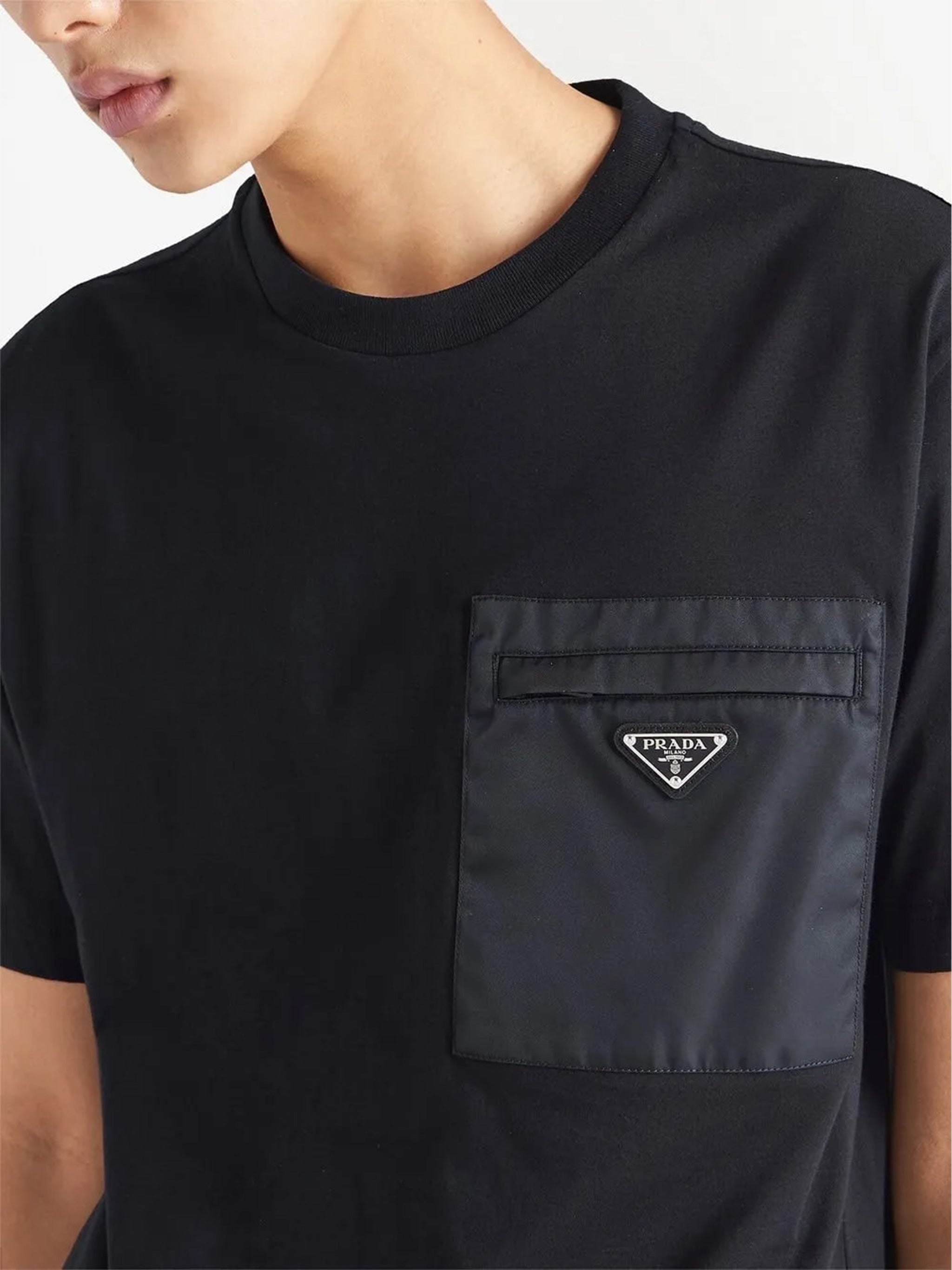 PRADA Men's Cotton Crewneck T-Shirt with Re-Nylon Chest Pocket