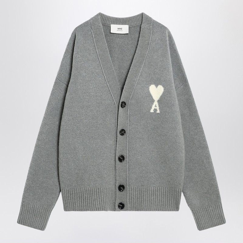 AMI PARIS Light Gray Wool Cardigan with Embroidered Design for Men