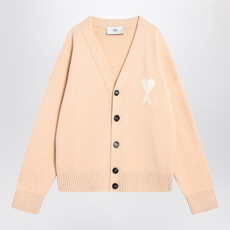 AMI PARIS Light Beige Wool Cardigan with Embroidered Heart - FW25