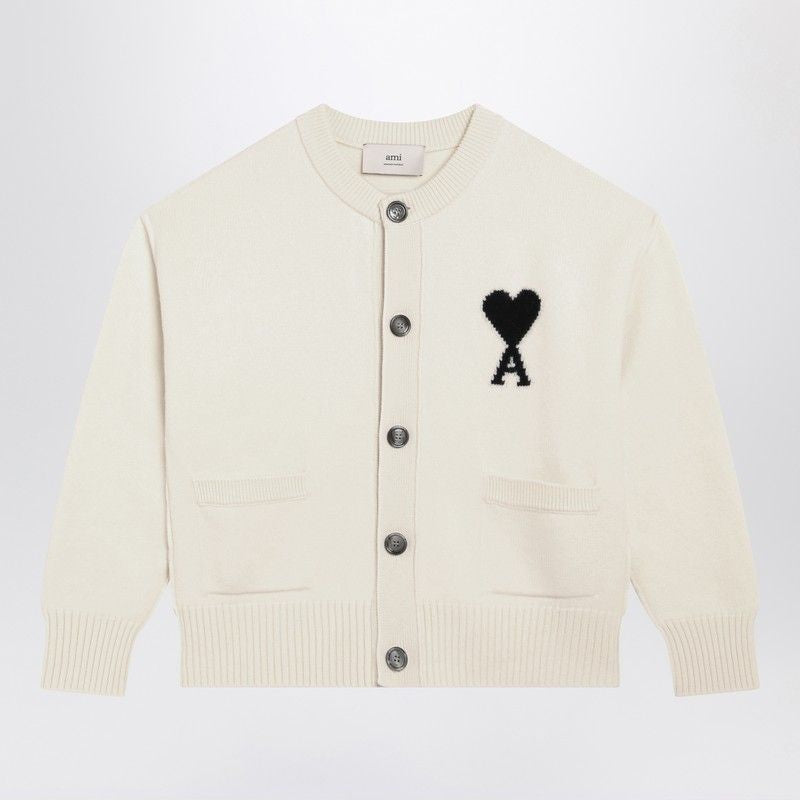AMI PARIS Crew Neck Cardigan with Heart Intarsia
