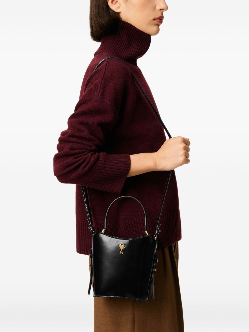 AMI PARIS Leather Handbag with Adjustable Strap - Drawstring Pouch