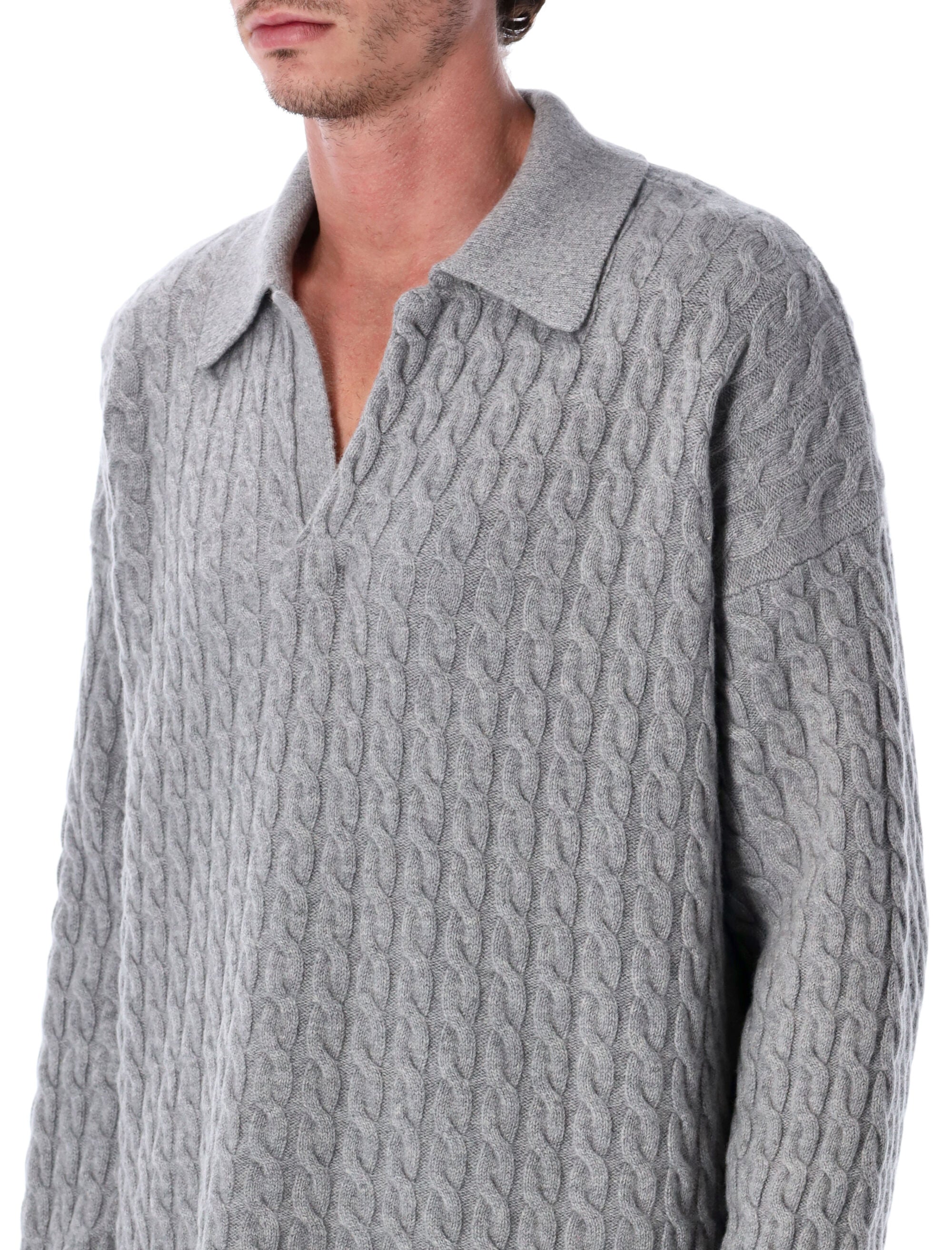 AMI PARIS Cable Knit Polo Sweater - Relaxed Fit