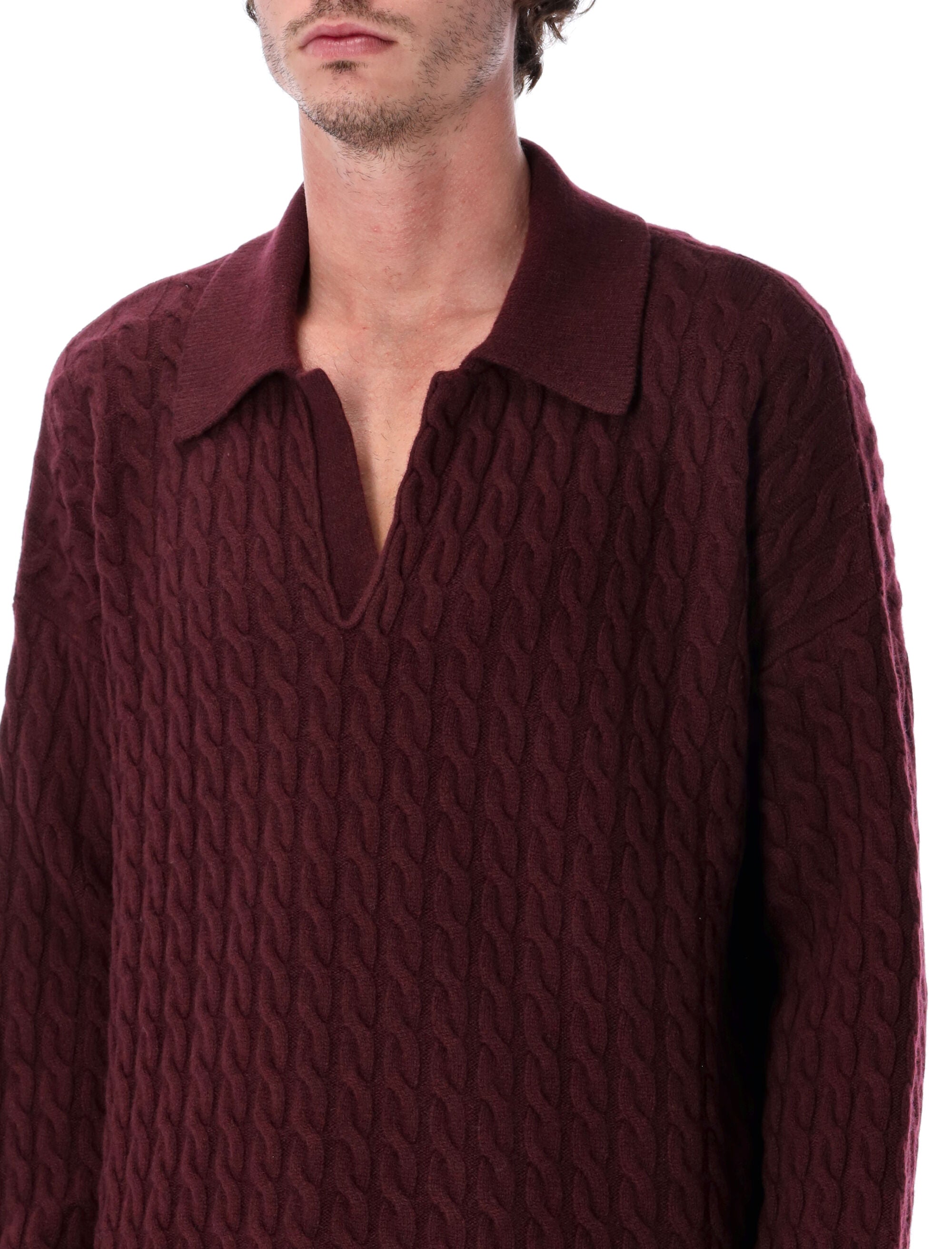 AMI PARIS Classic Cable Knit Polo Sweater - Relaxed Fit