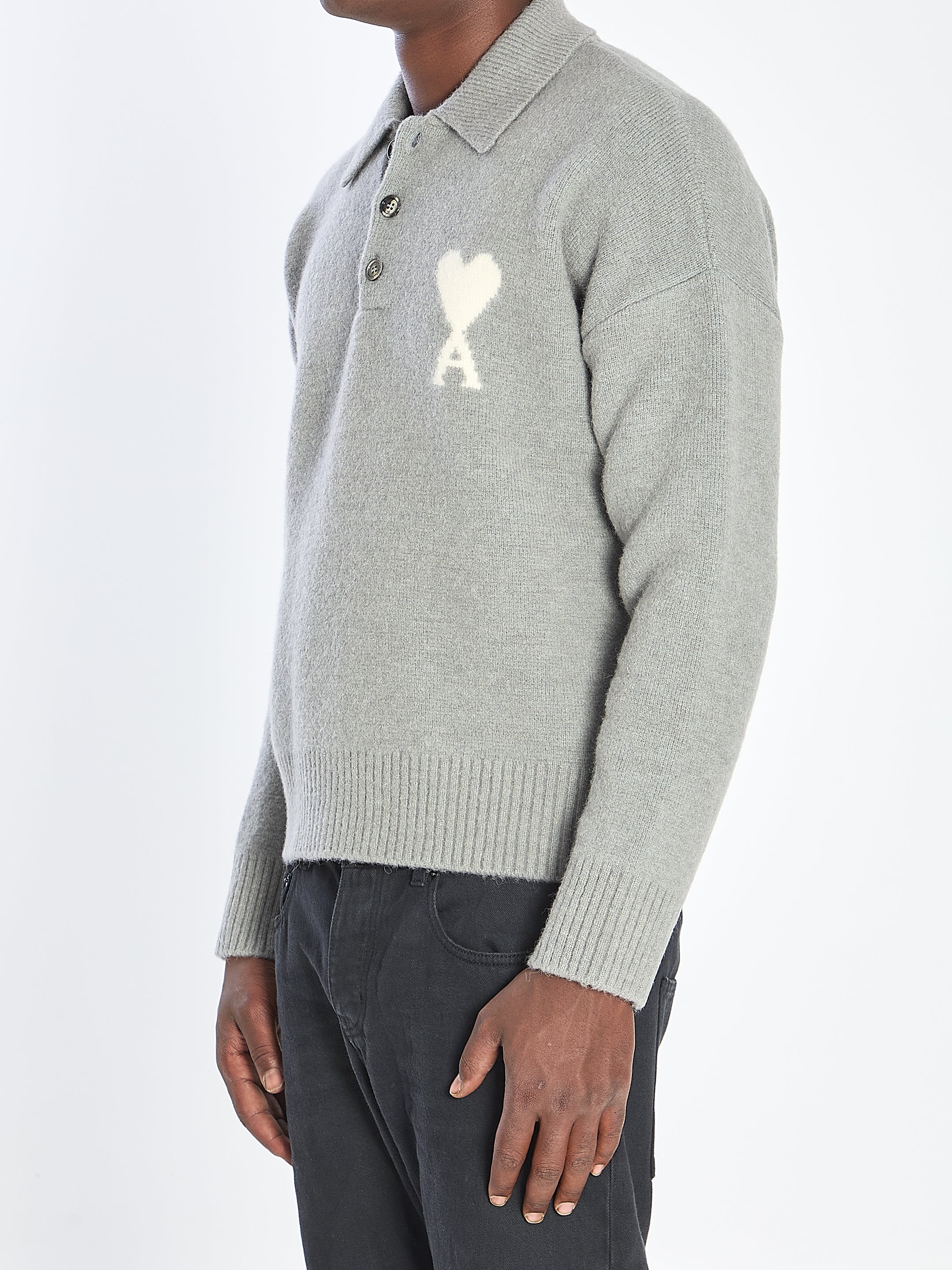 AMI PARIS Wool Polo Sweater with Iconic Logo - Size L