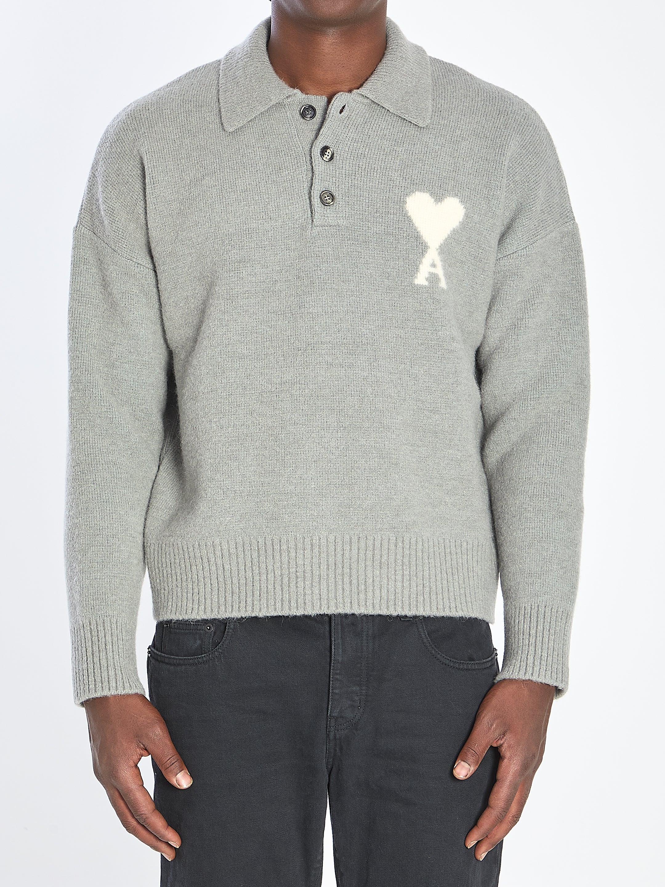 AMI PARIS Wool Polo Sweater with Iconic Logo - Size L