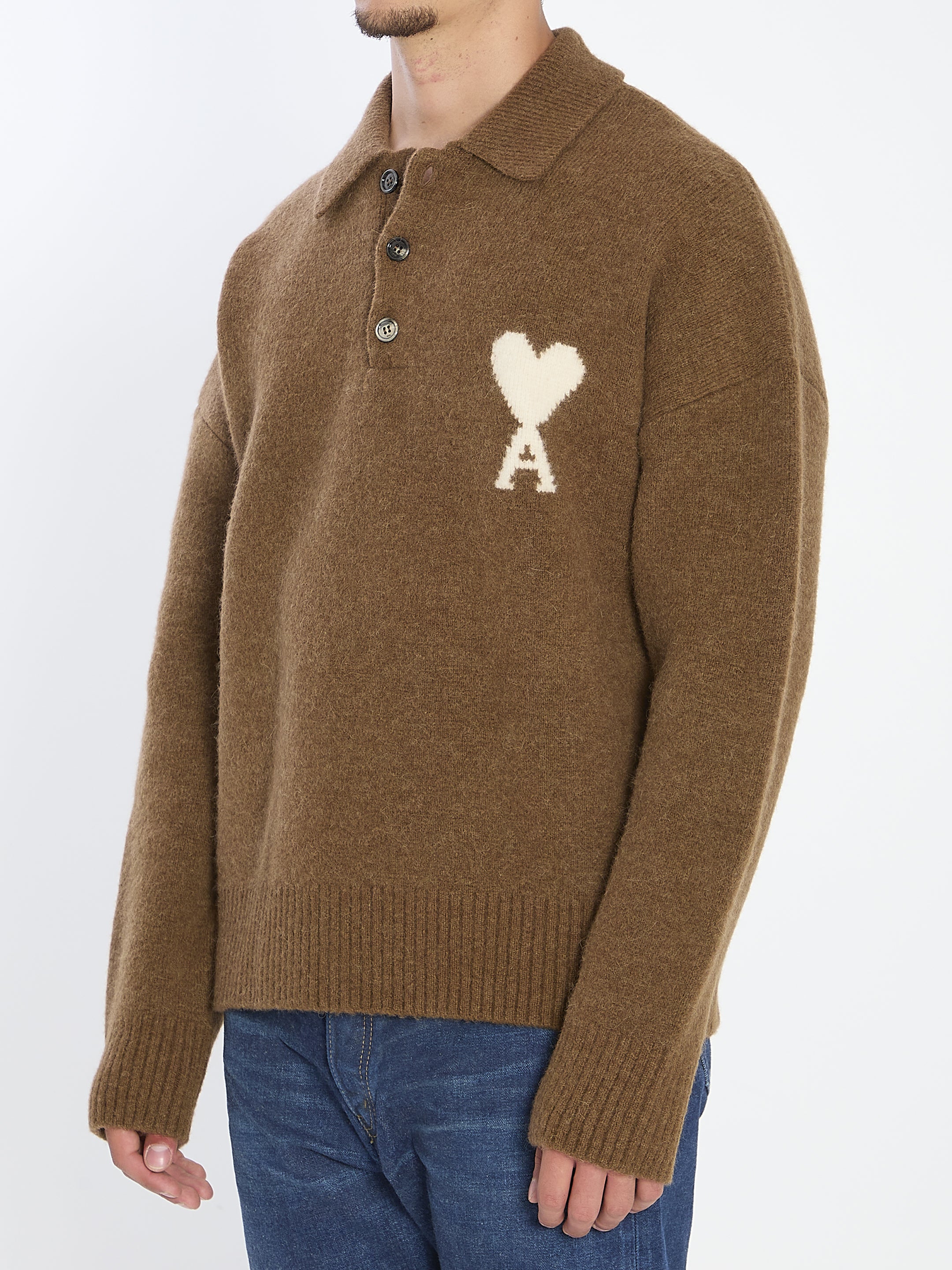 AMI PARIS Wool Polo Sweater with Iconic Logo - Size L
