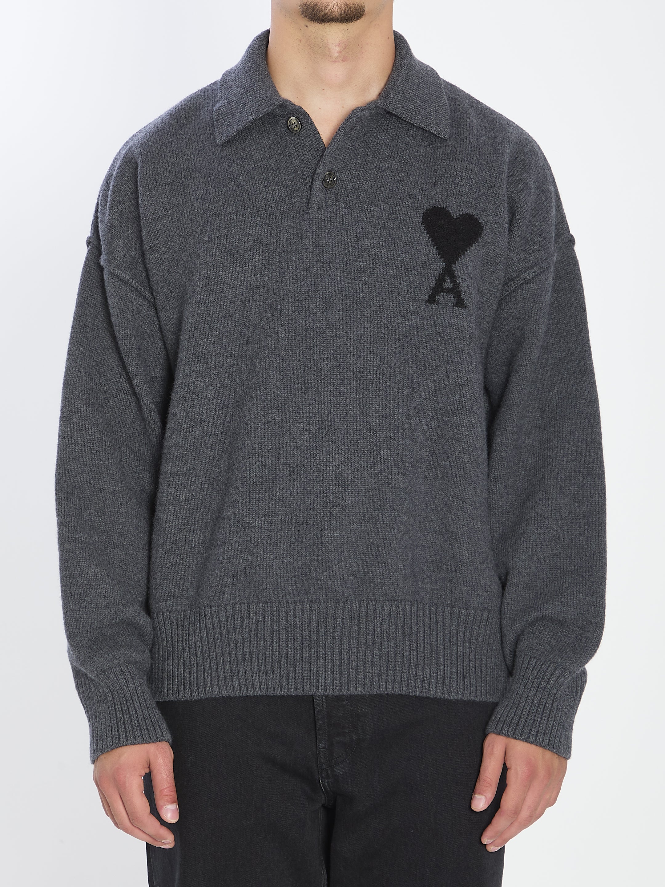 AMI PARIS Men's Regular Fit Wool Polo with Heart Design