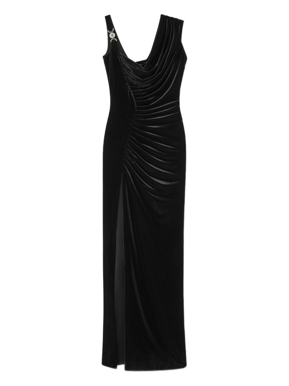 VERSACE Elegant Long Draped Velvet Dress with Silver Medusa Hardware