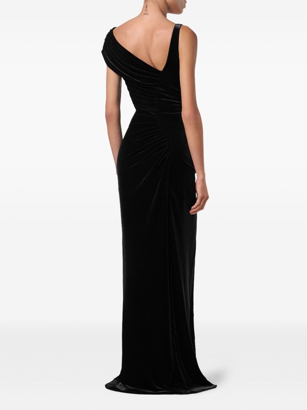 VERSACE Elegant Long Draped Velvet Dress with Silver Medusa Hardware