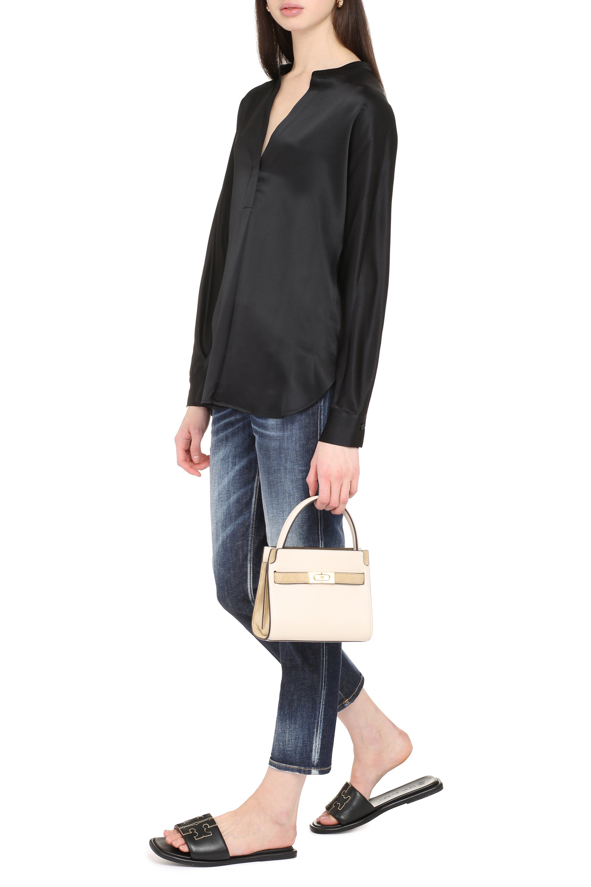 VINCE Silk Blouse with Buttoned Cuffs and Rounded Hem