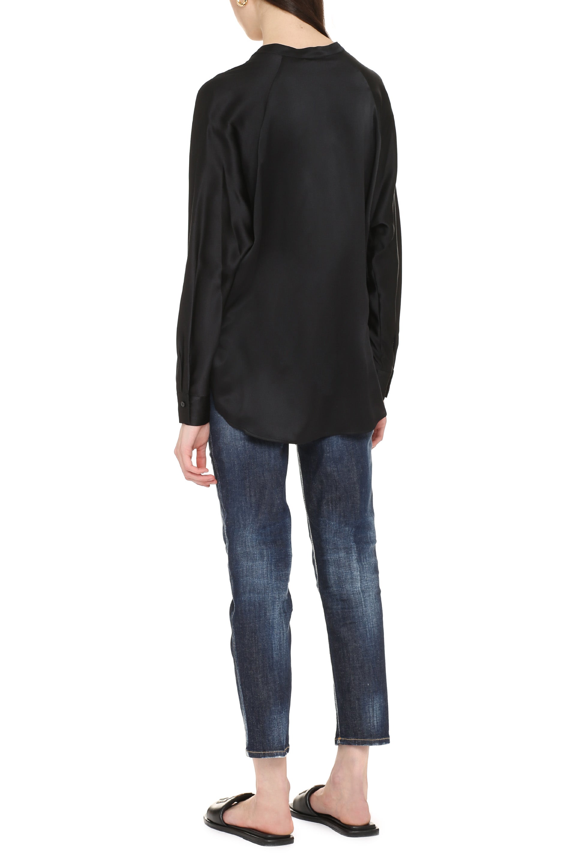 VINCE Silk Blouse with Buttoned Cuffs and Rounded Hem