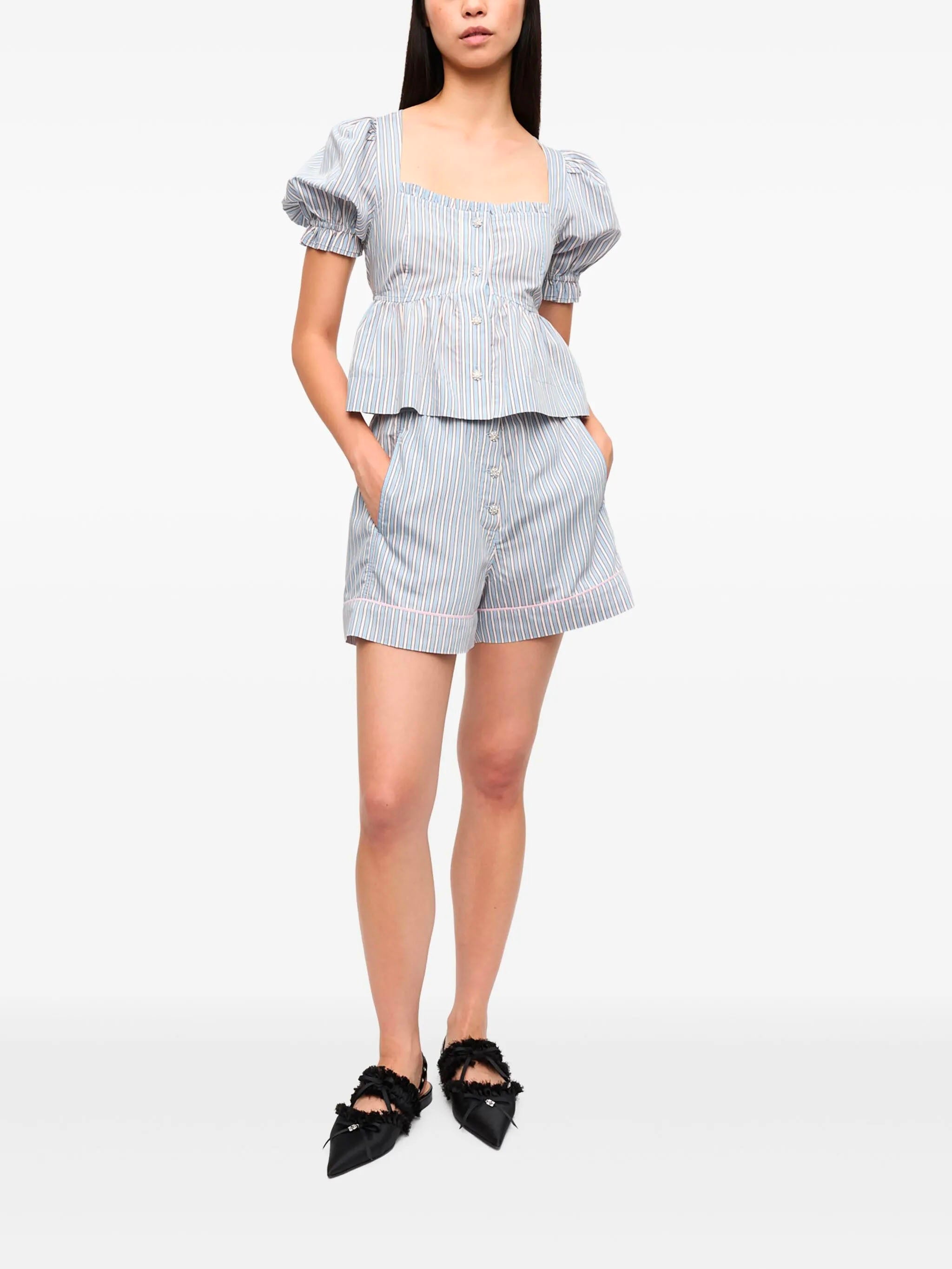 GANNI Women's Striped Blouse with Short Puff Sleeves - Size 36