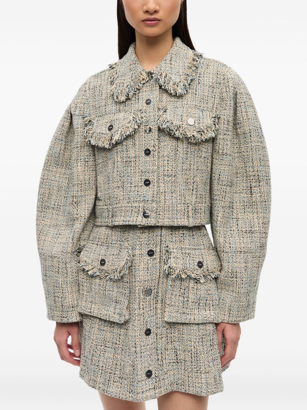 GANNI Tweed Jacket with Frayed Detailing for Women