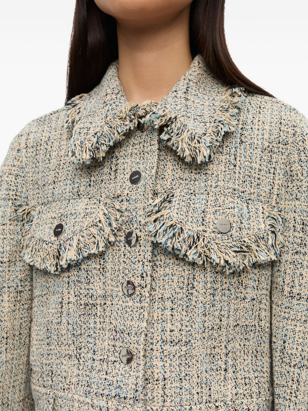 GANNI Tweed Jacket with Frayed Detailing for Women