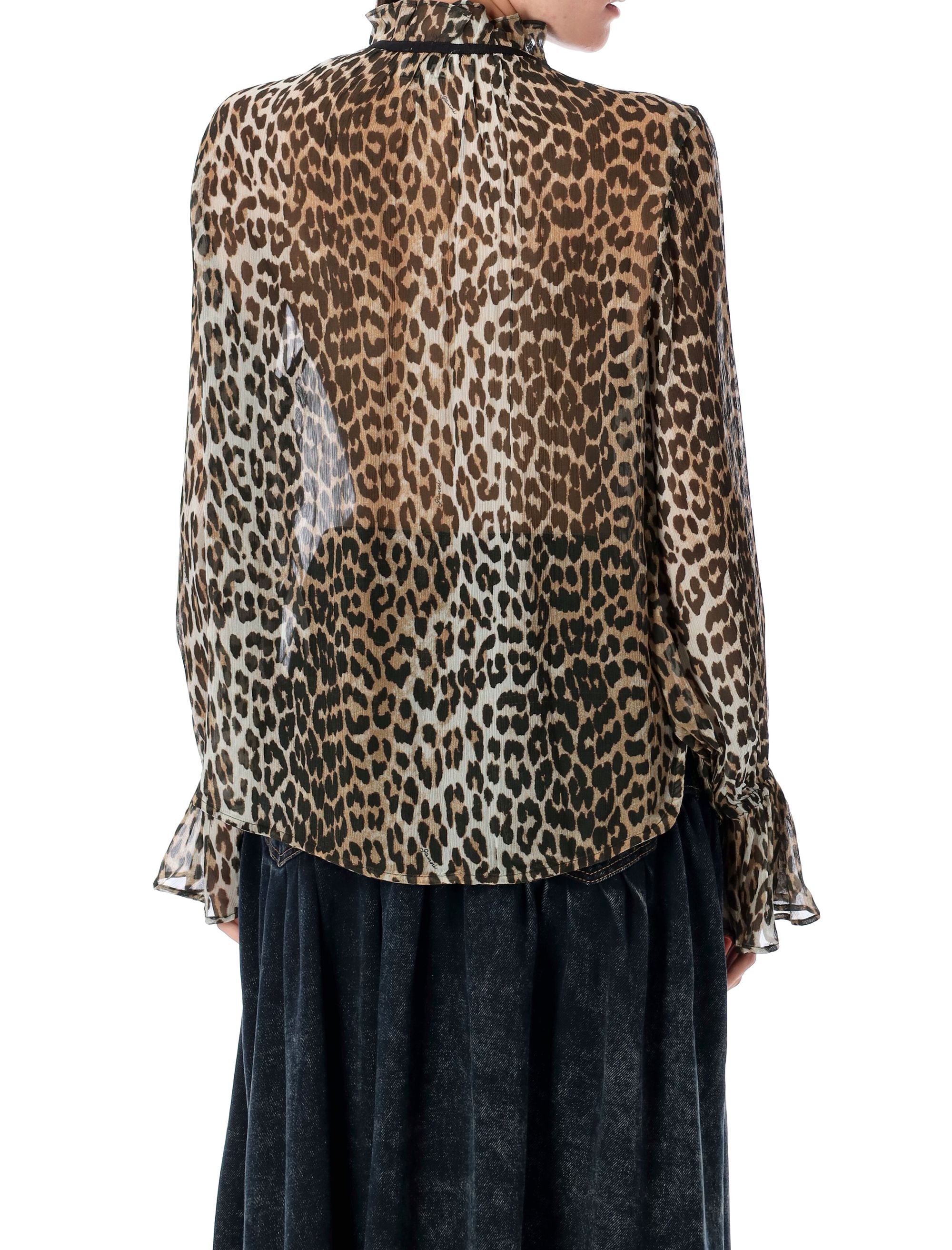 GANNI Leopard Print Chiffon Tie String Shirt - Size 36