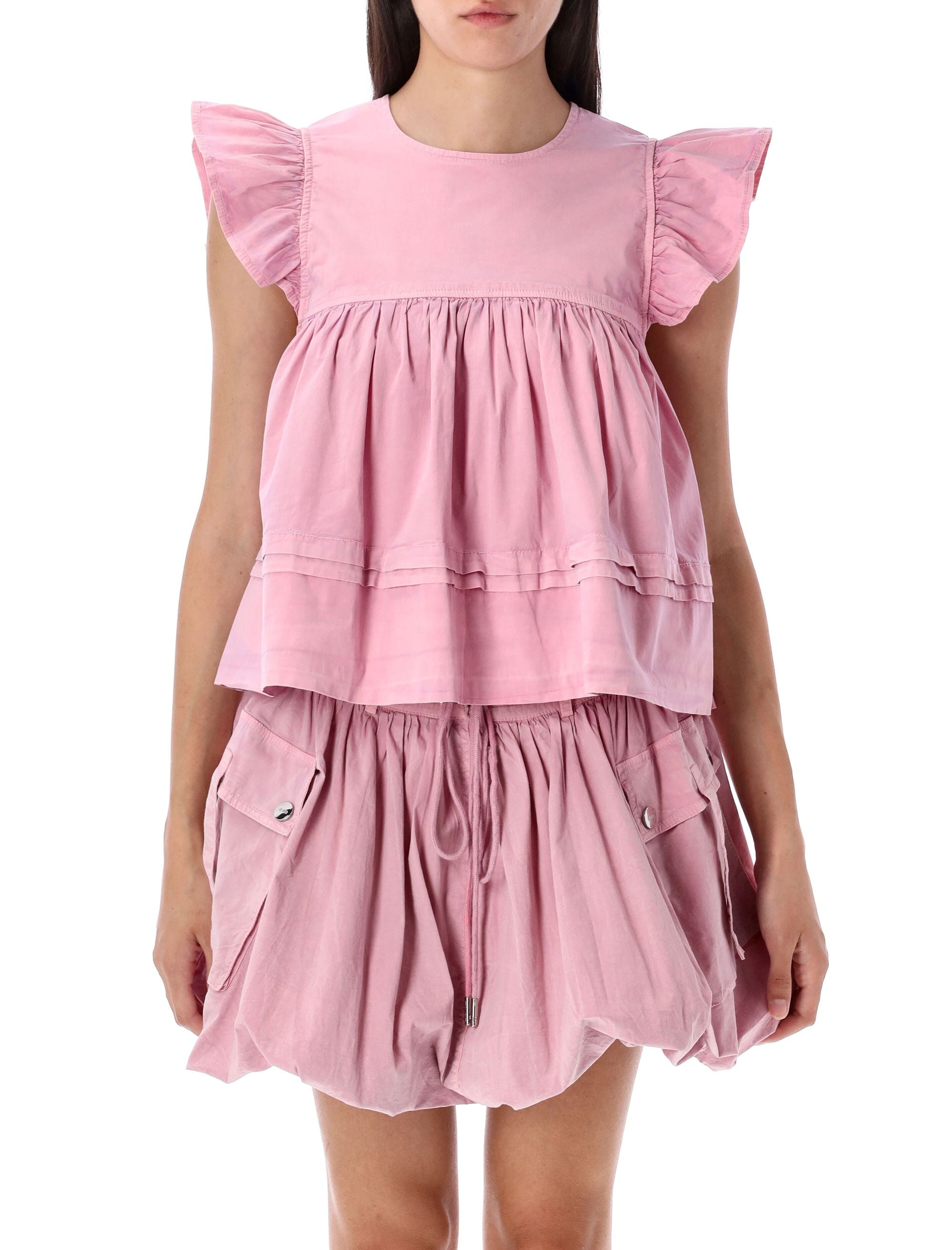 GANNI Washed Cotton Top with Frill Sleeves - Size 36