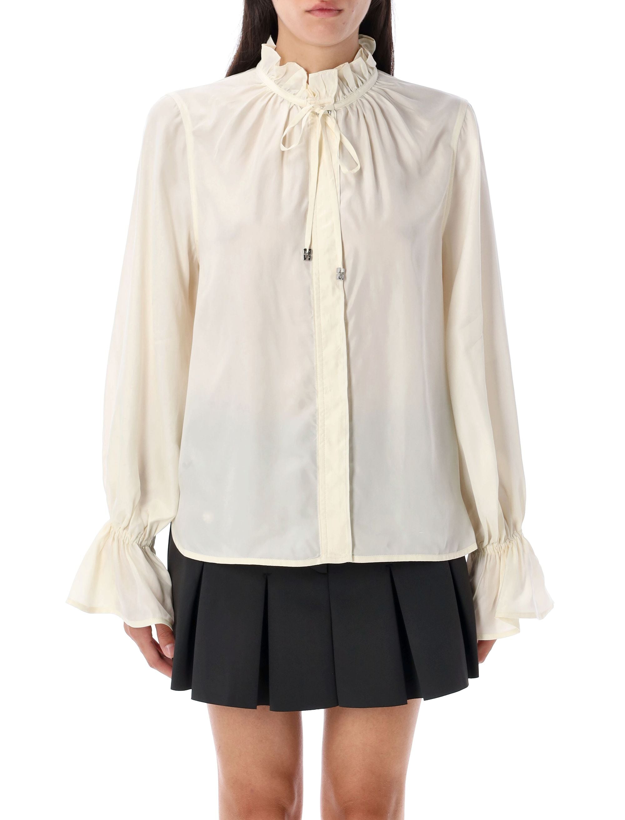 GANNI Fluid Cupro Tie Shirt with Ruffled Band Collar - Size 36