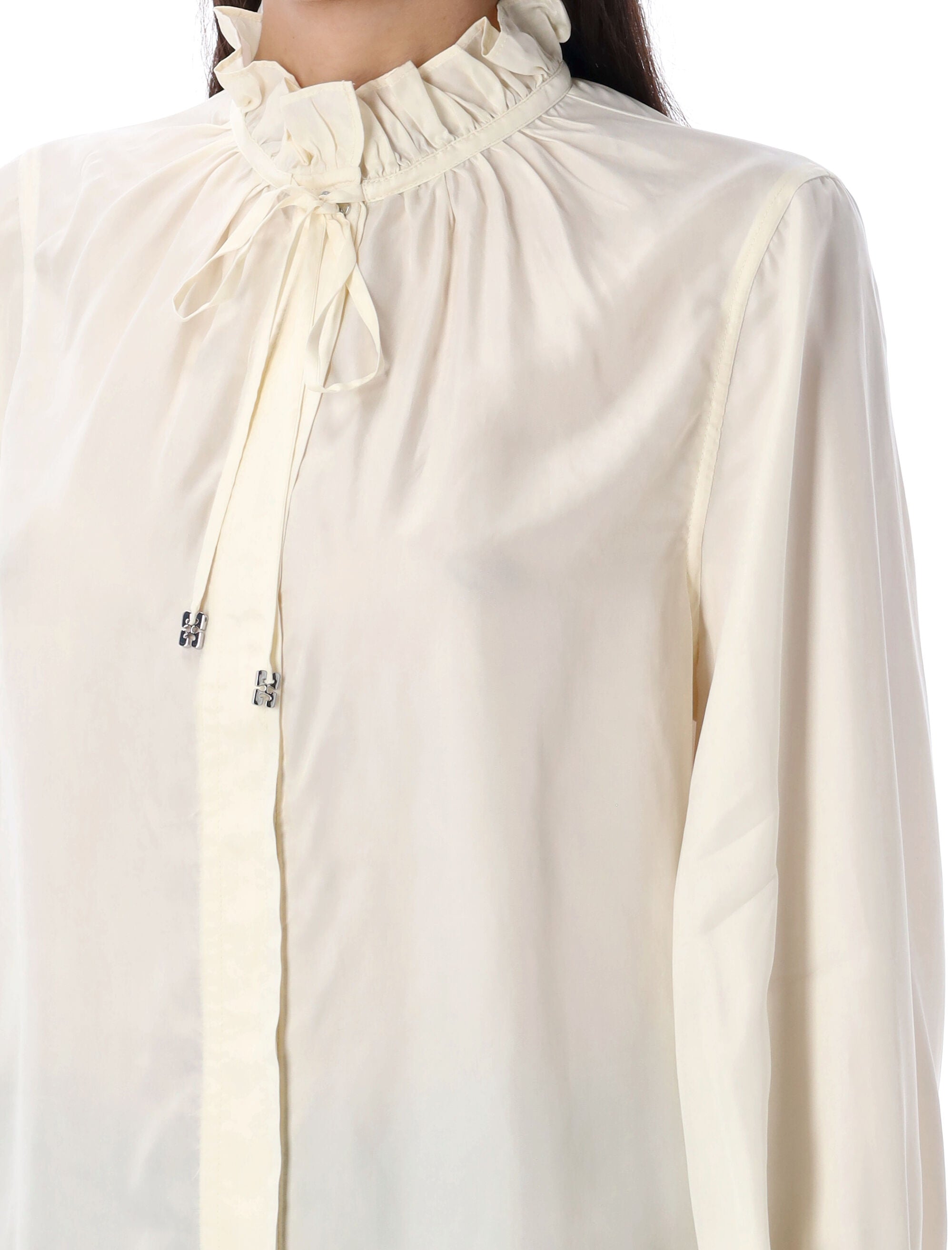GANNI Fluid Cupro Tie Shirt with Ruffled Band Collar - Size 36