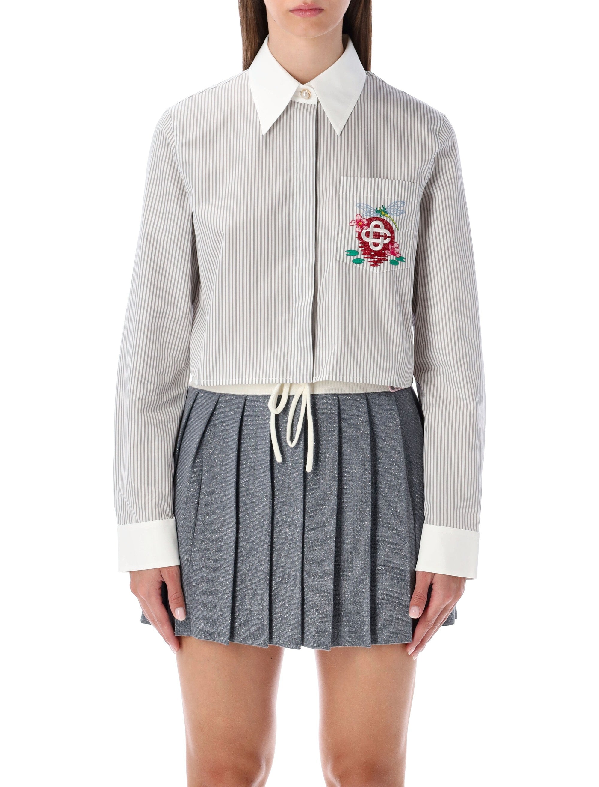 CASABLANCA Cropped Striped Shirt with Floral Embroidery